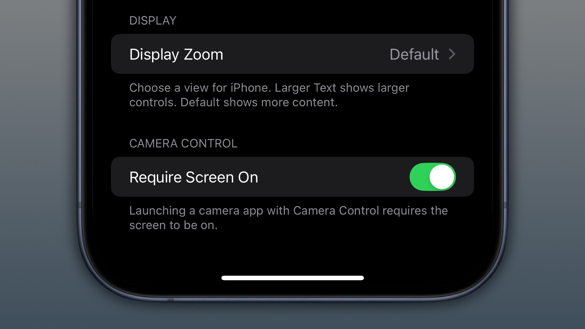 Closeup of the Require Screen On switch in the Camera Control settings on iPhone.