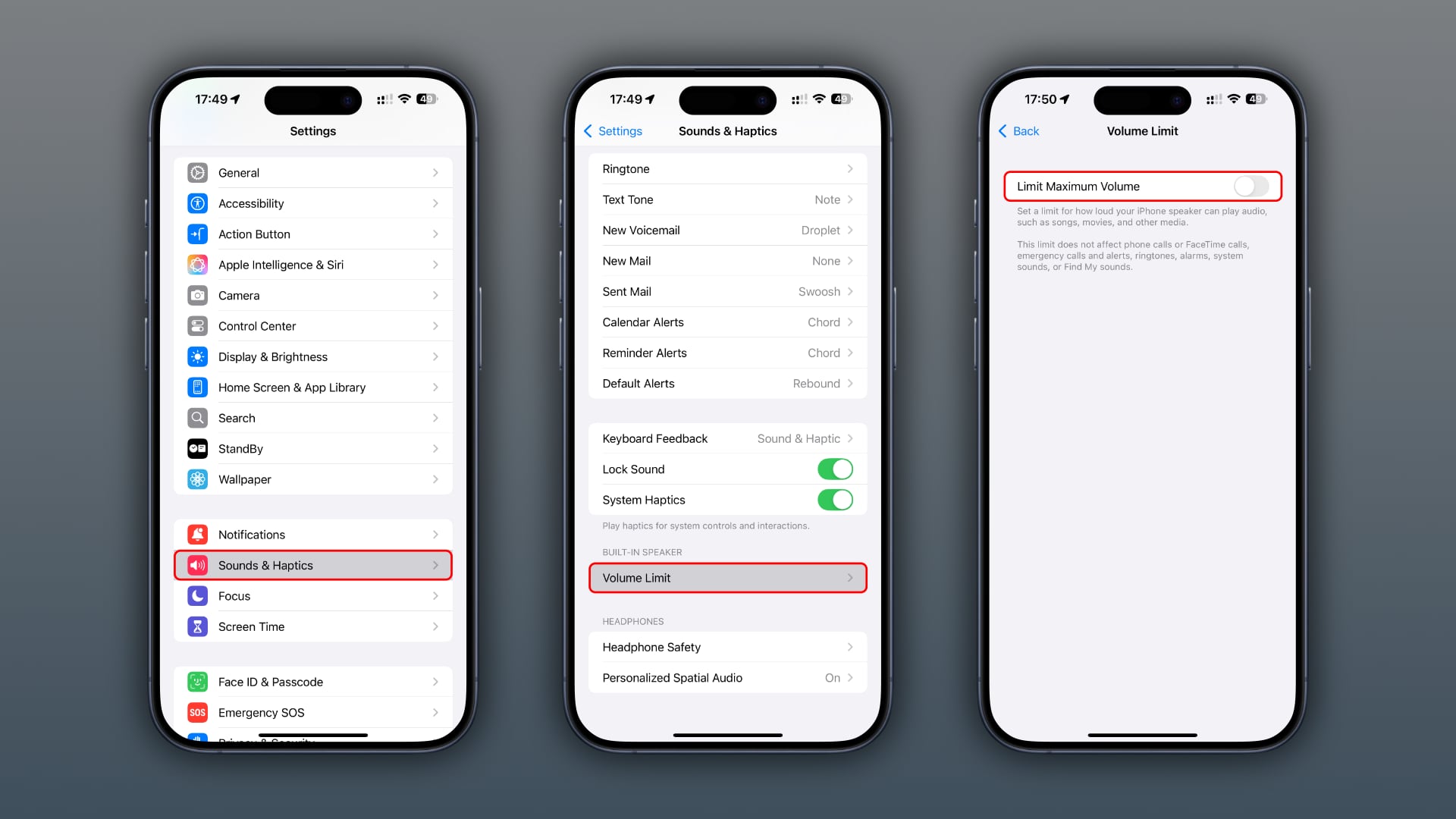 Three framed iPhone screenshots showing the steps to get to the volume limit feature for the built-in speaker.