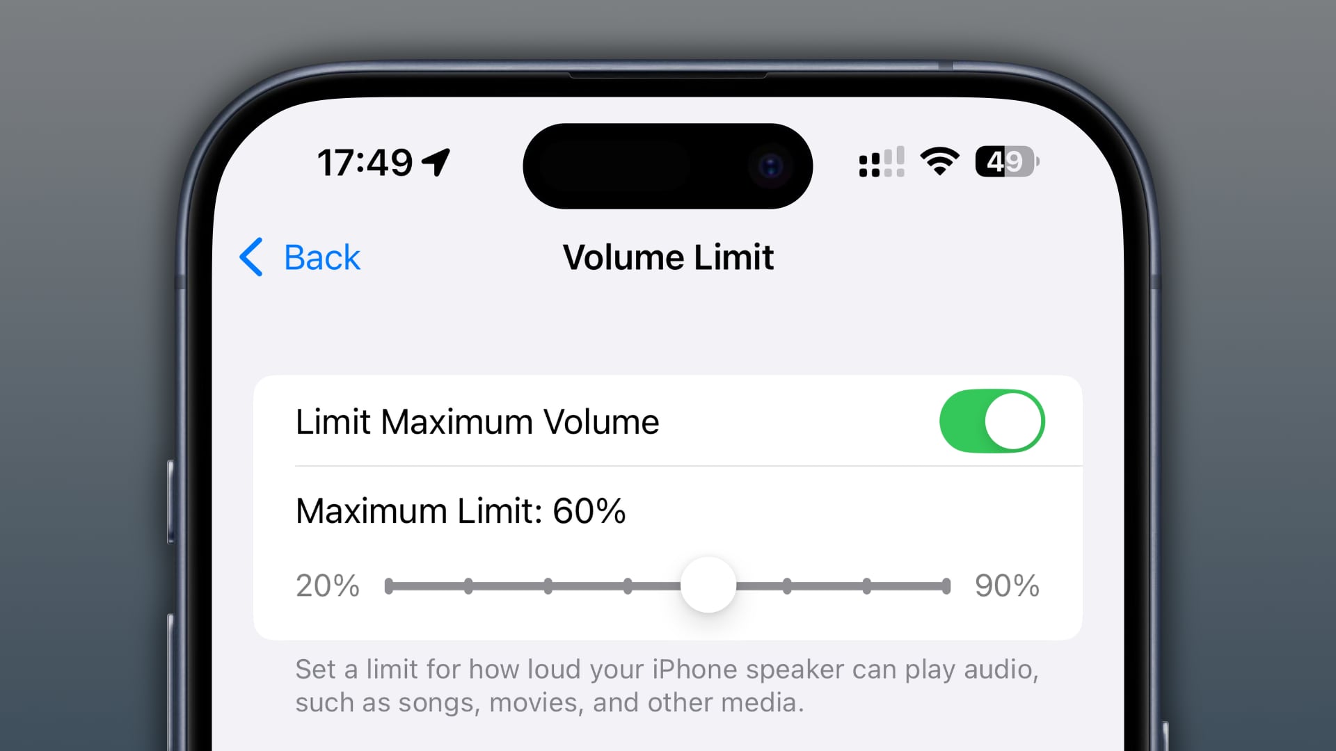 The Settings app on iPhone showing the volume limit slider set to 60 percent.