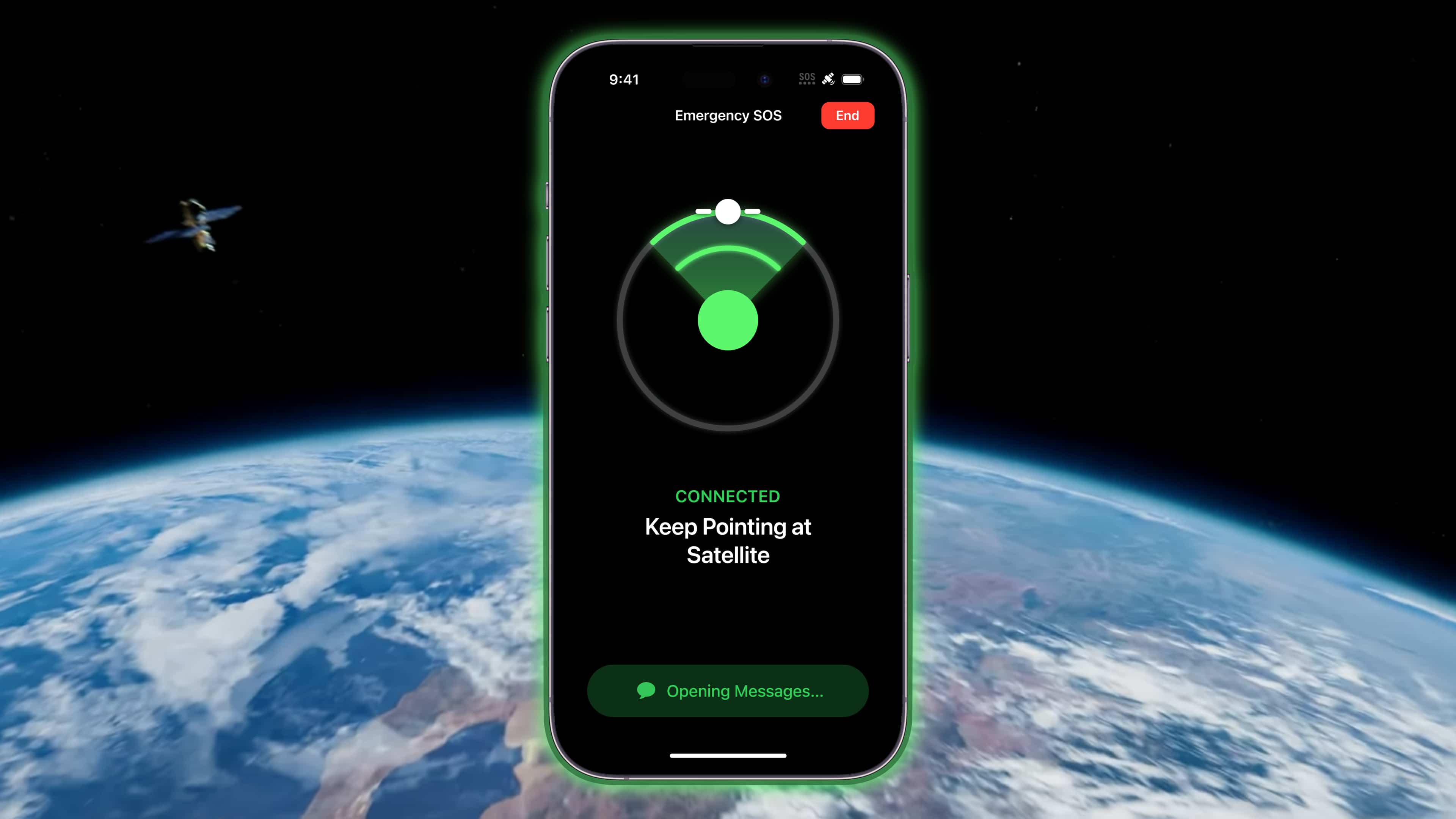Composition showing an iPhone 14 with Emergency SOS via satellite in the foreground, with a space shot of Earth along with an orbiting satellite in the background