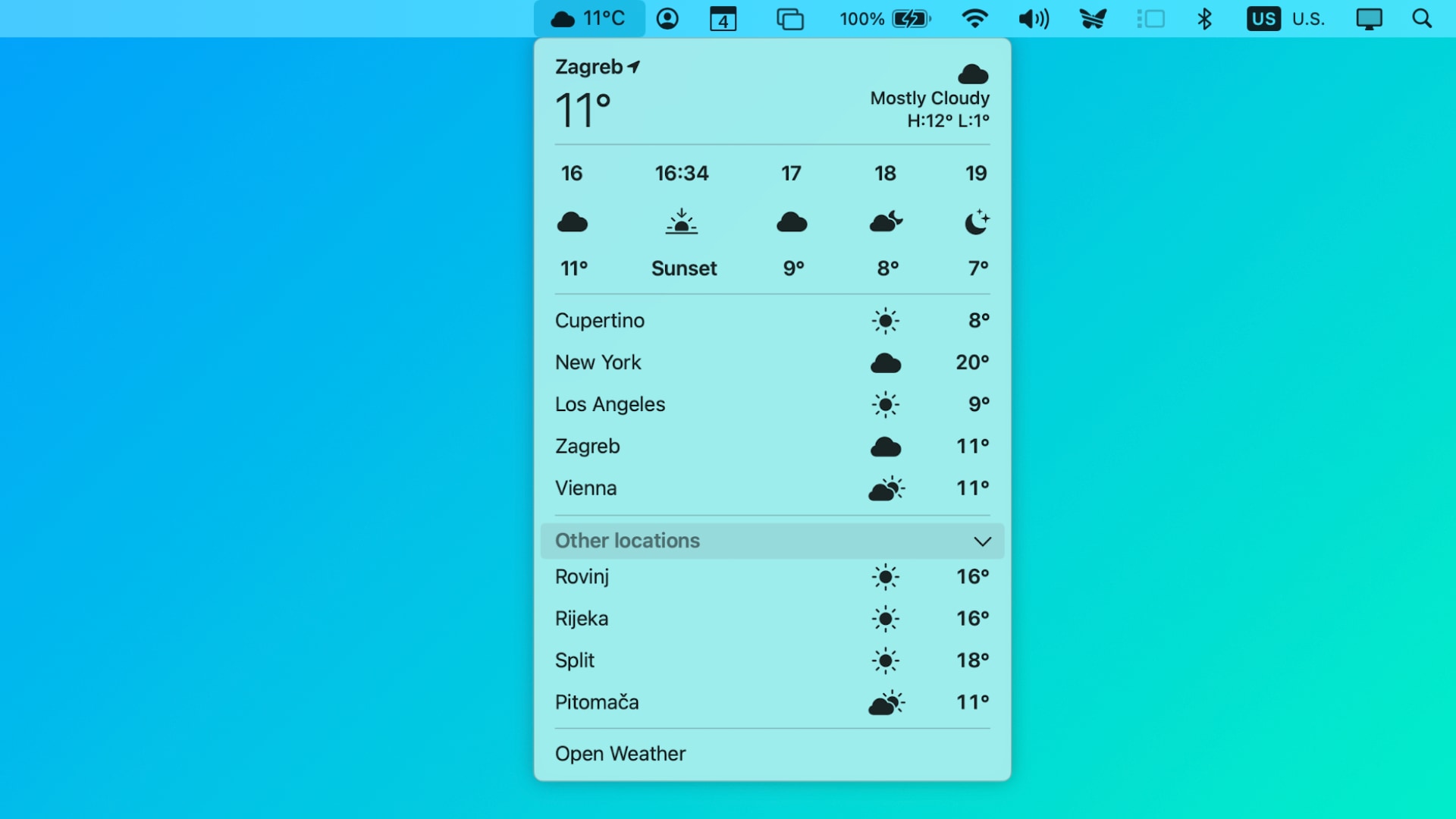 Closeup of the macOS menu bar with the Weather menu showing weather conditions for multiple cities, with the Other Locations option currently selected.