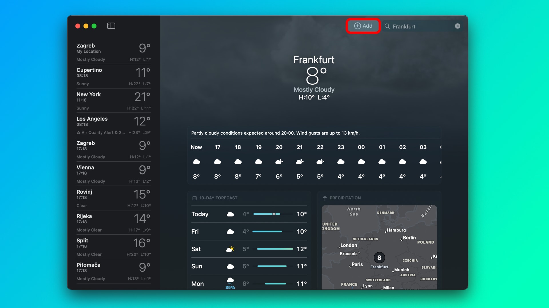 The macOS Weather app displaying weather forecast for Frankfurt, with the Add button annotated next to the search filed near the top-right corner.