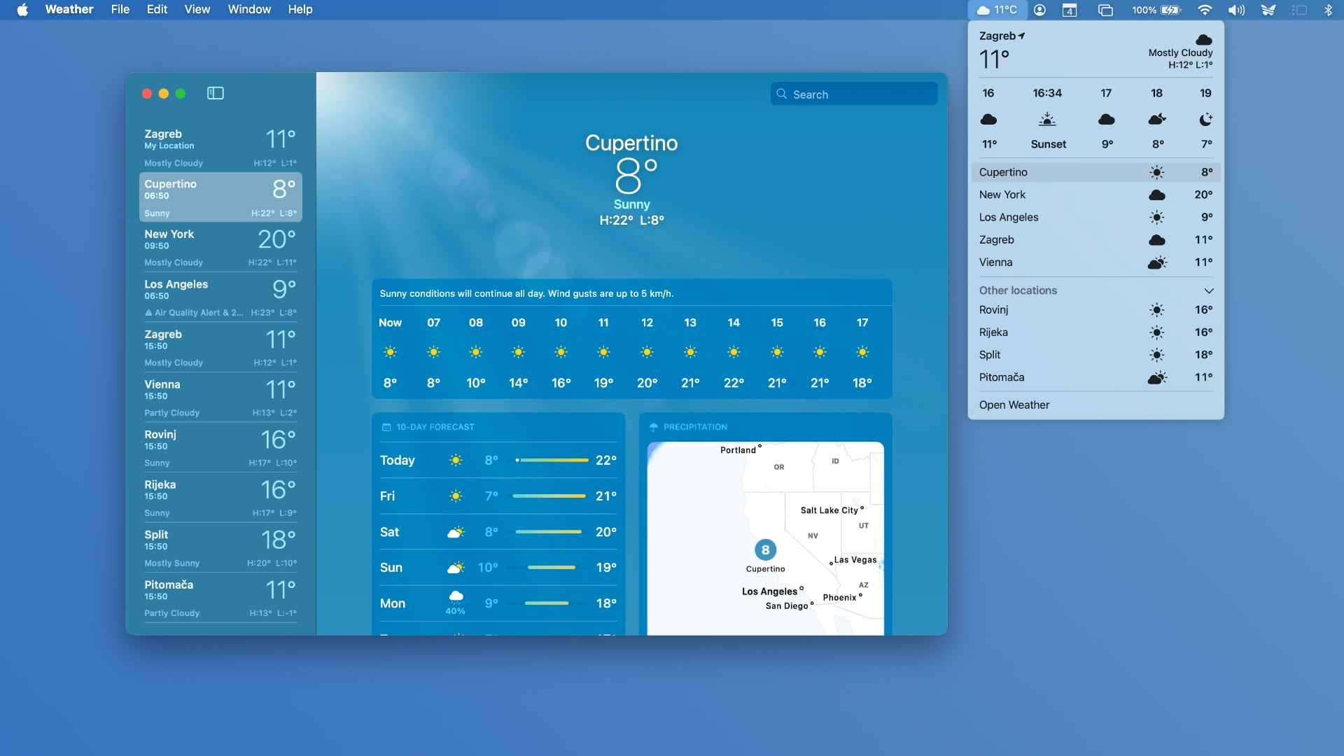 macOS desktop with the Weather app and a Weather widget in the menu bar.