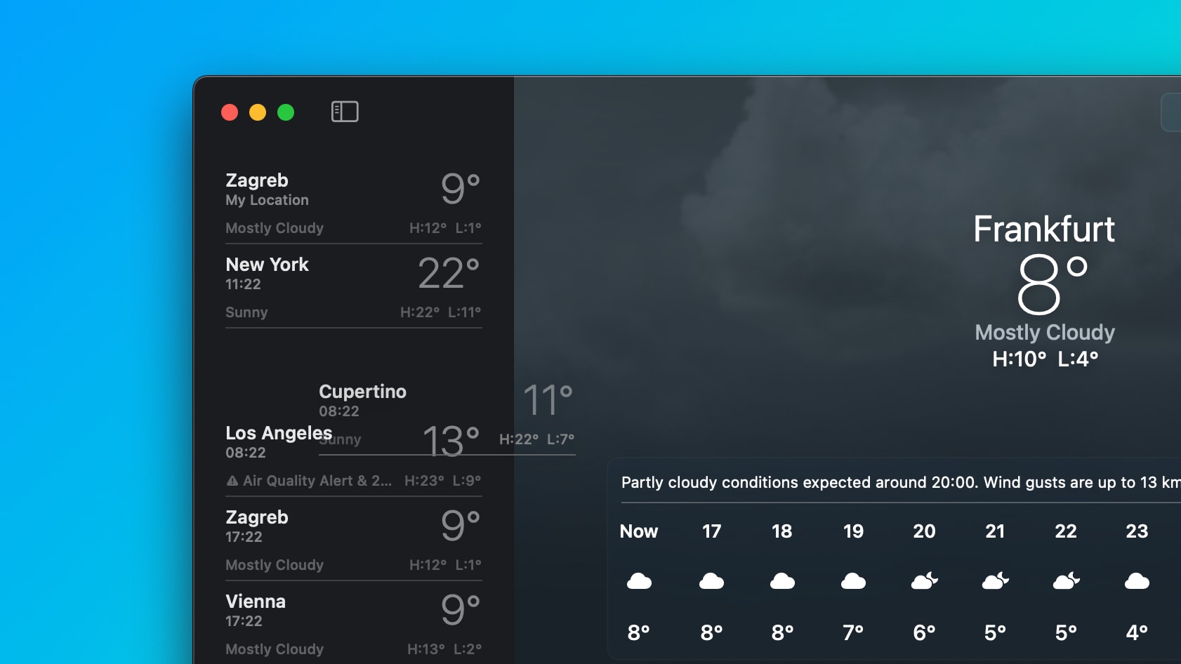 Closeup of the macOS Weather app showcasing dragging cities in the list to reorder them.