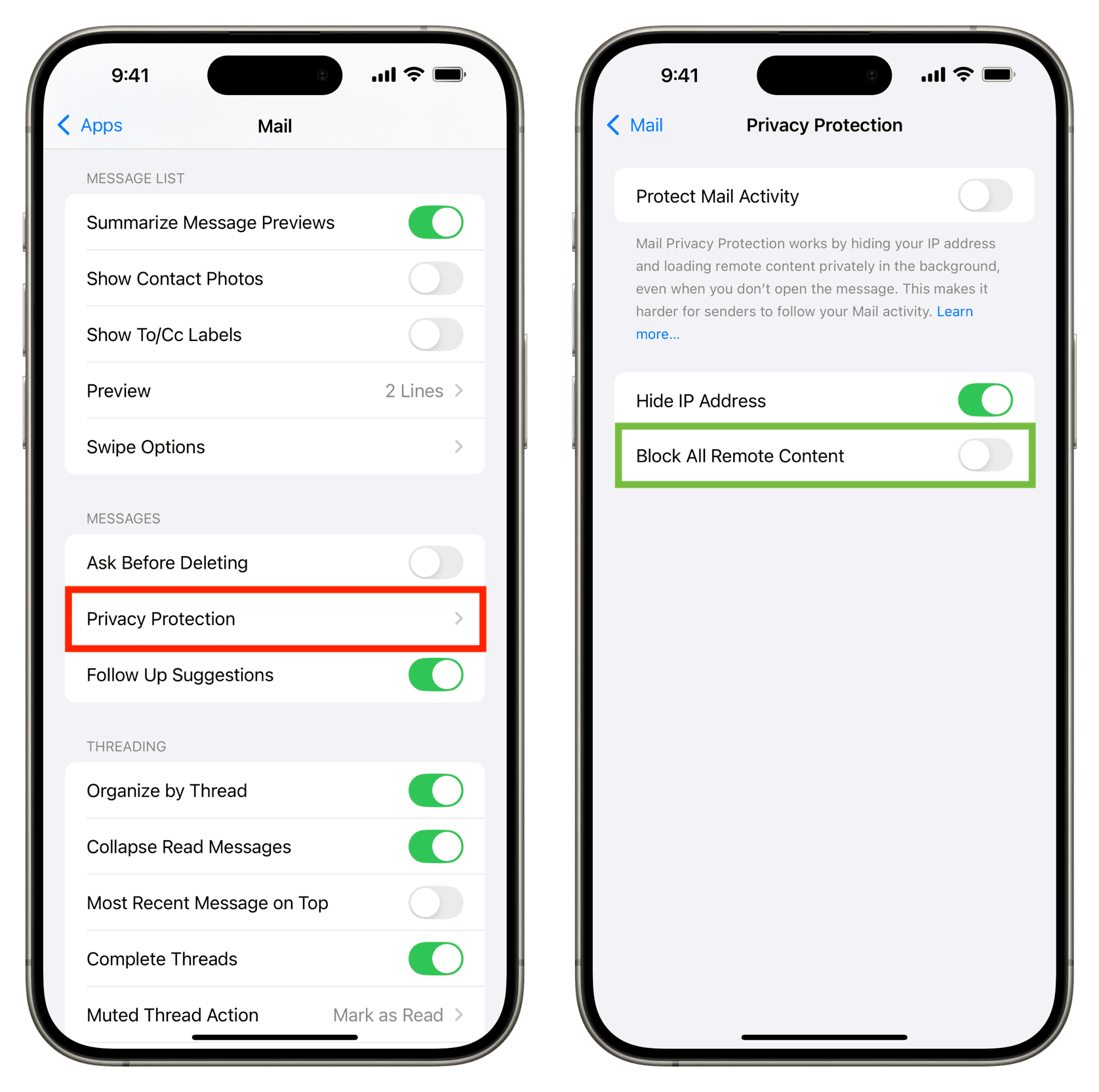 Block All Remote Content turned off for iPhone Mail app