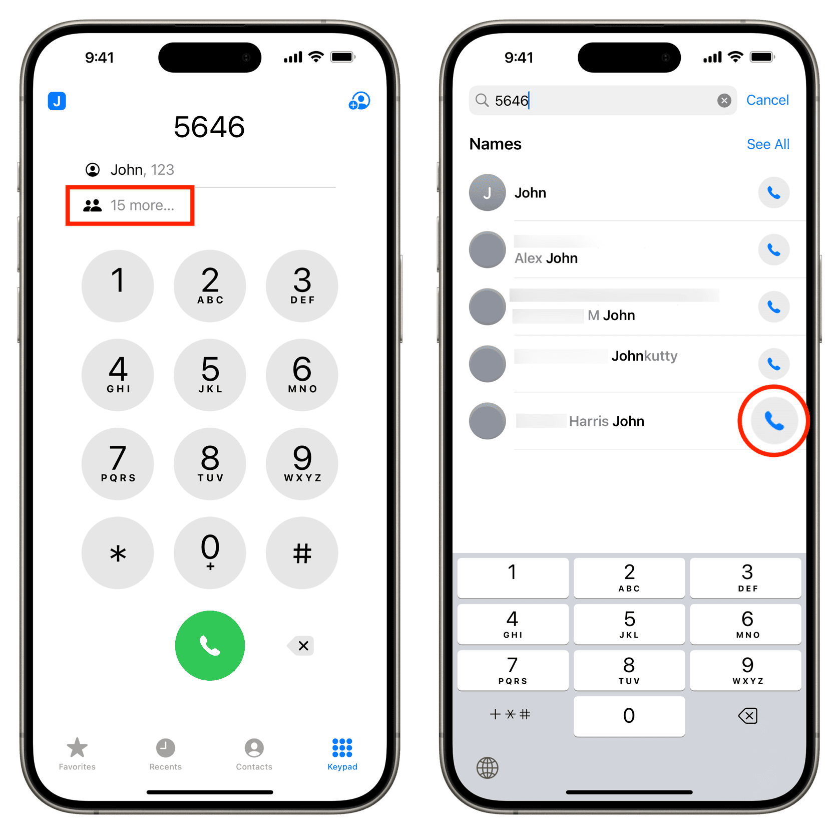 Calling other suggested contact from T9 dialing screen on iPhone