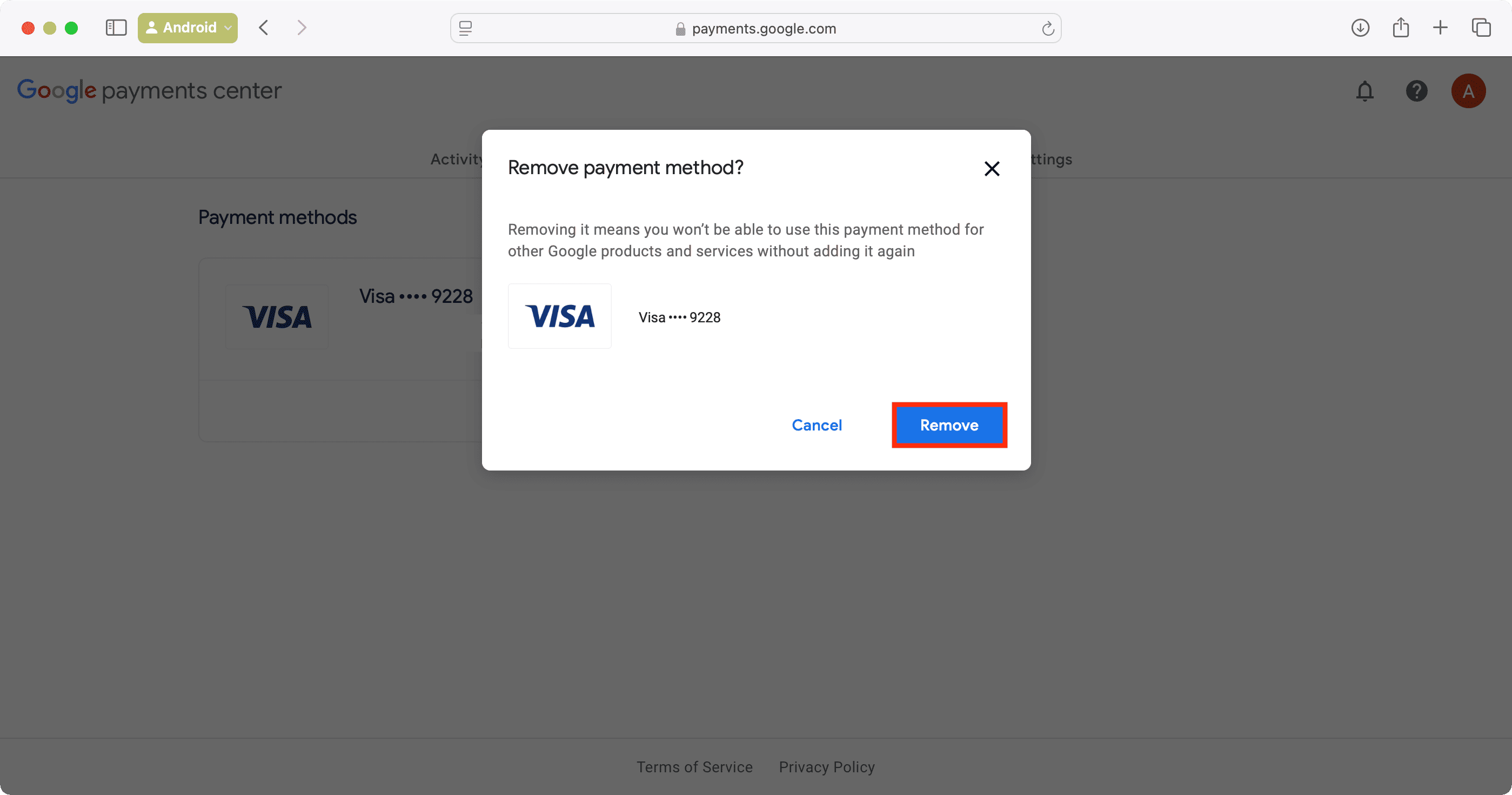 Confirm that you want to remove your payment method