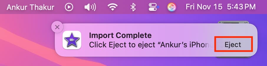 Eject iPhone after importing videos to iMovie on Mac