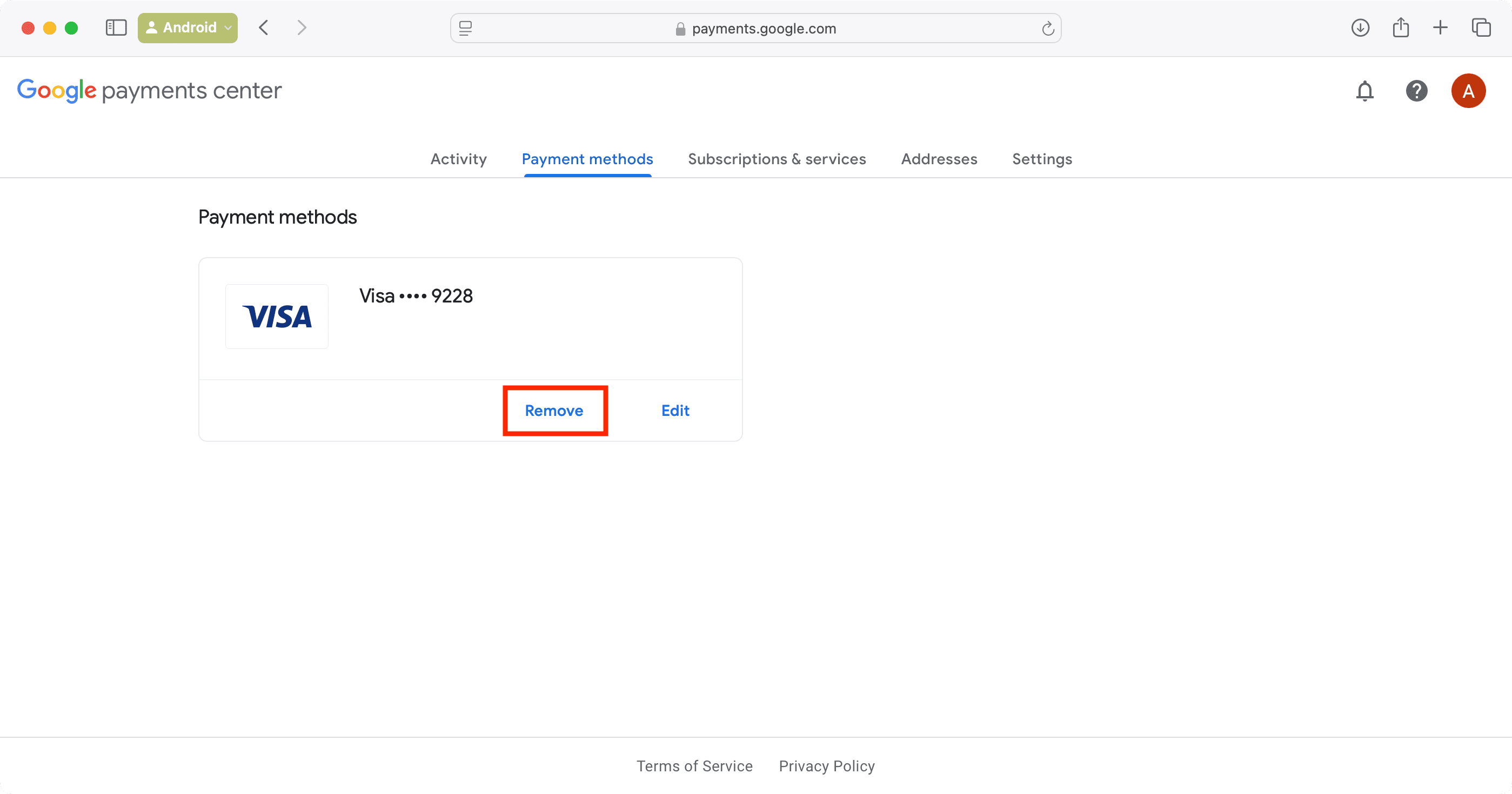 Hit Remove for you added card to delete it from your Google Account
