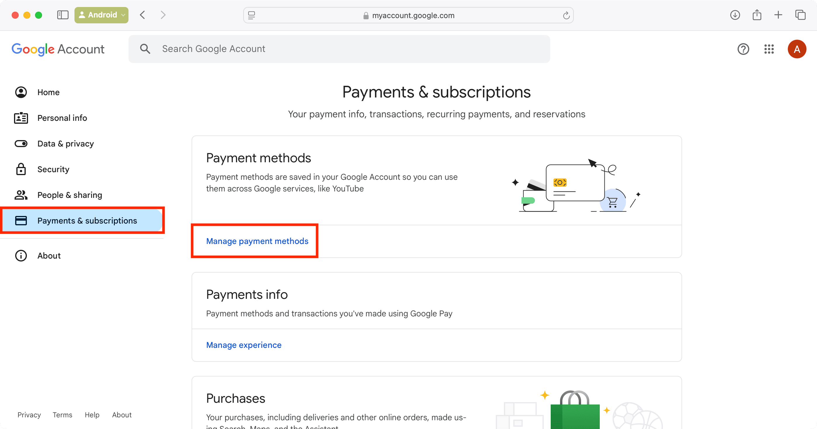 Manage payment methods in your Google account