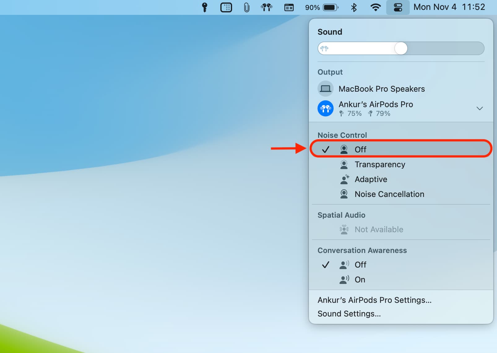 Noise Control off for AirPods on Mac