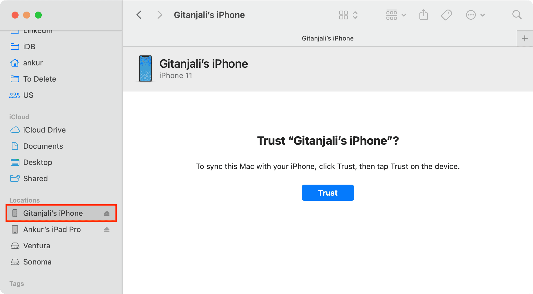 Option to Trust an iPhone in Finder on Mac