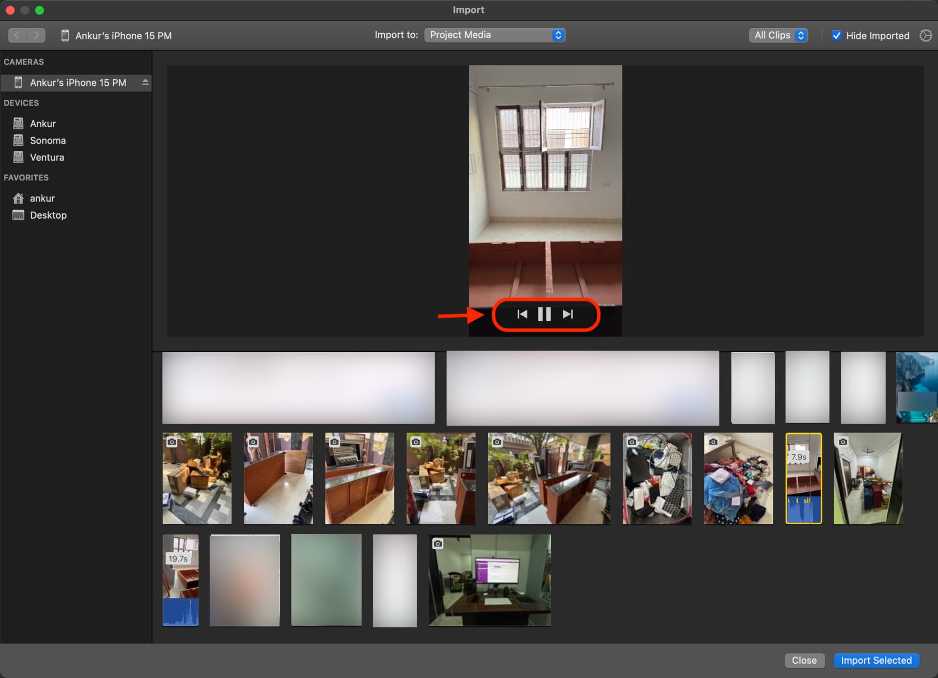 Play a clip in iMovie when importing