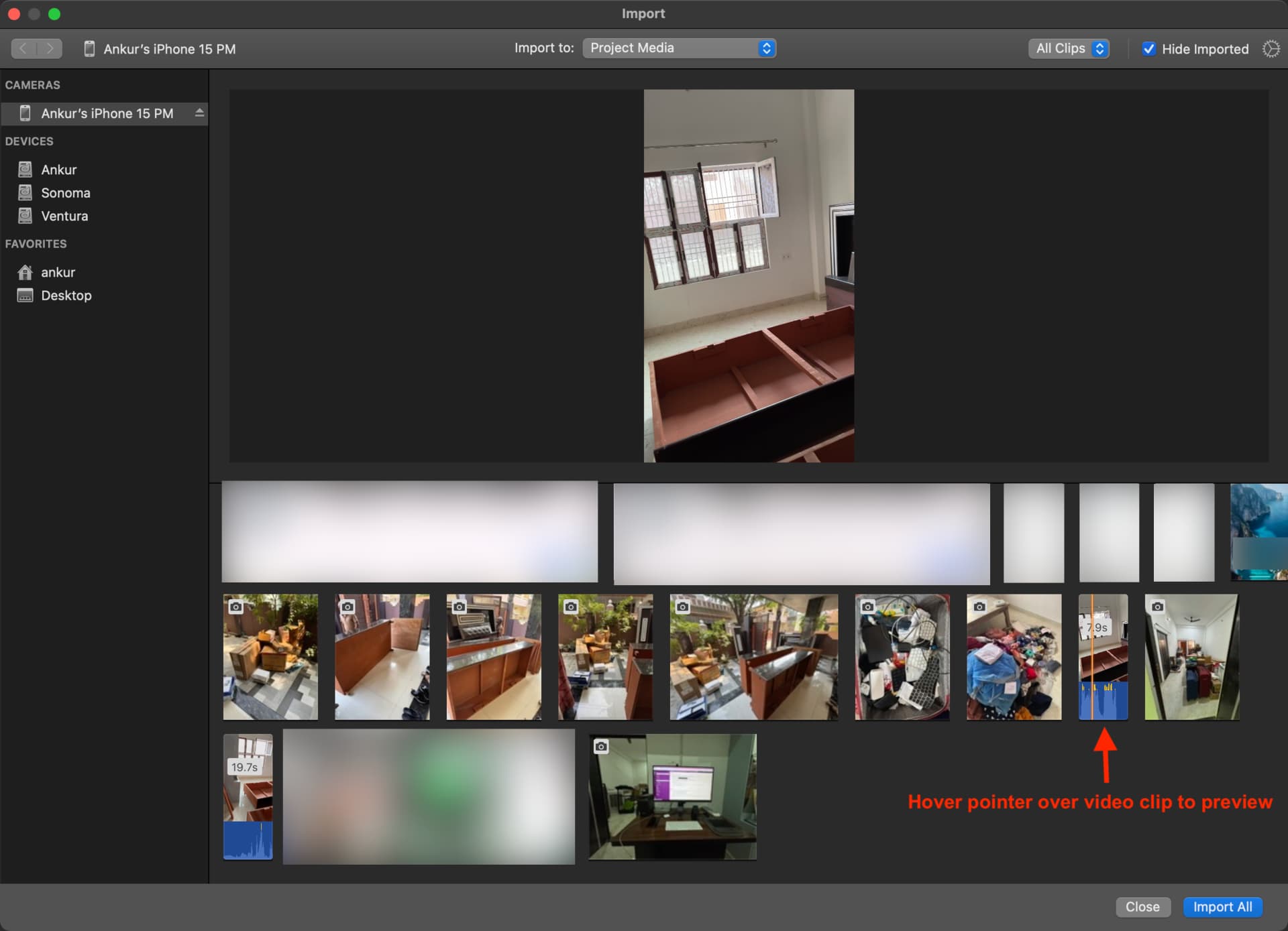 Preview a clip in iMovie when importing