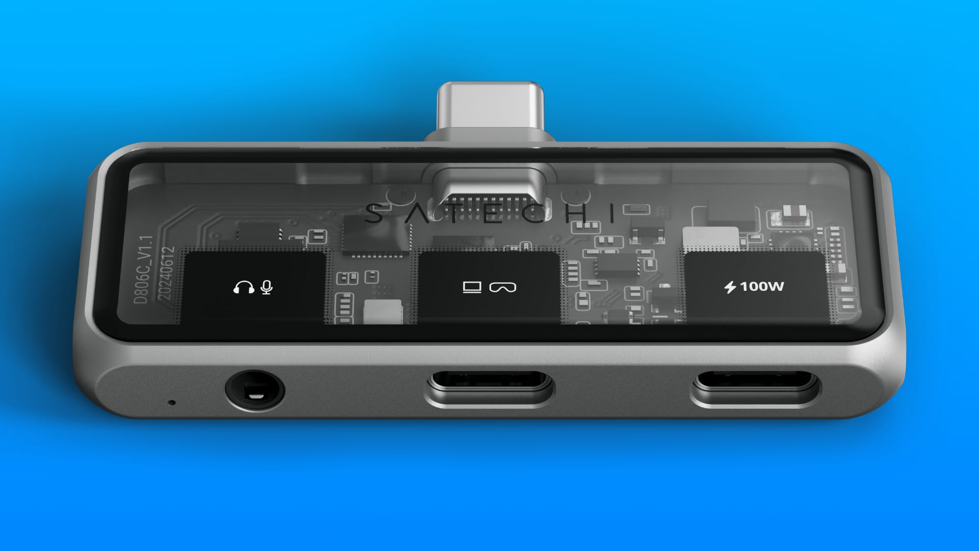 Satechi's mobile hub showcasing its 3.5mm Audi port and two USB-C ports.