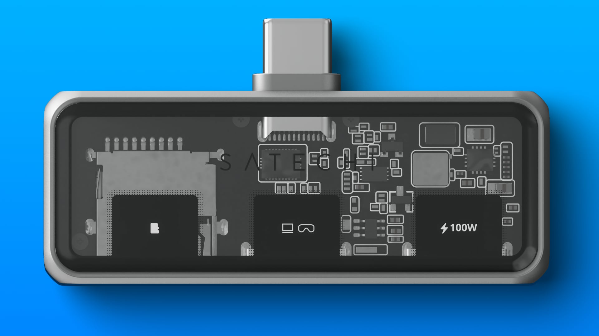 Top-down view of Satechi's mobile hub with transparent glass and the electronics visible inside.