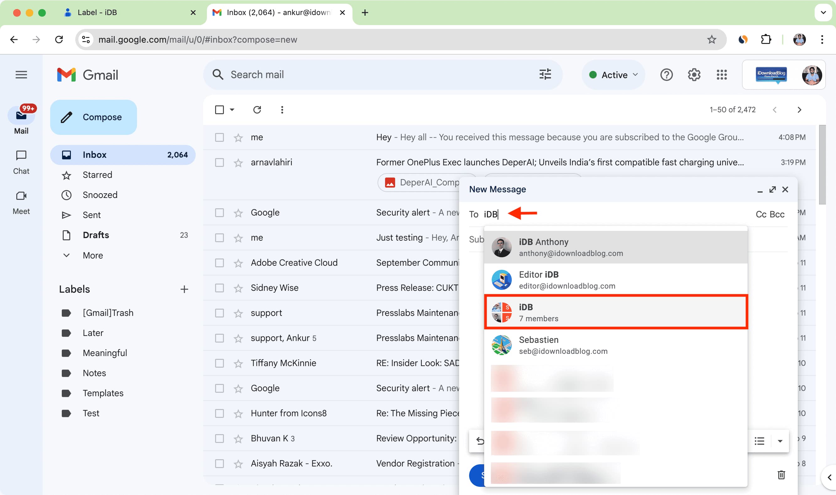 Select contact label for To section of Gmail