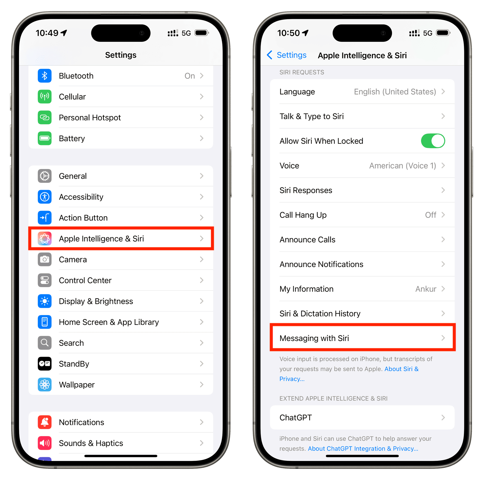 Tap Messaging with Siri in iPhone Settings