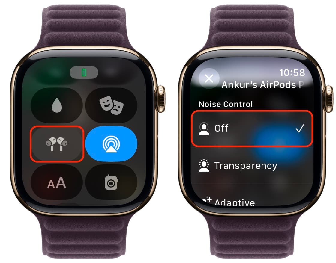 Turn off Noise Control for AirPods from Apple Watch Control Center