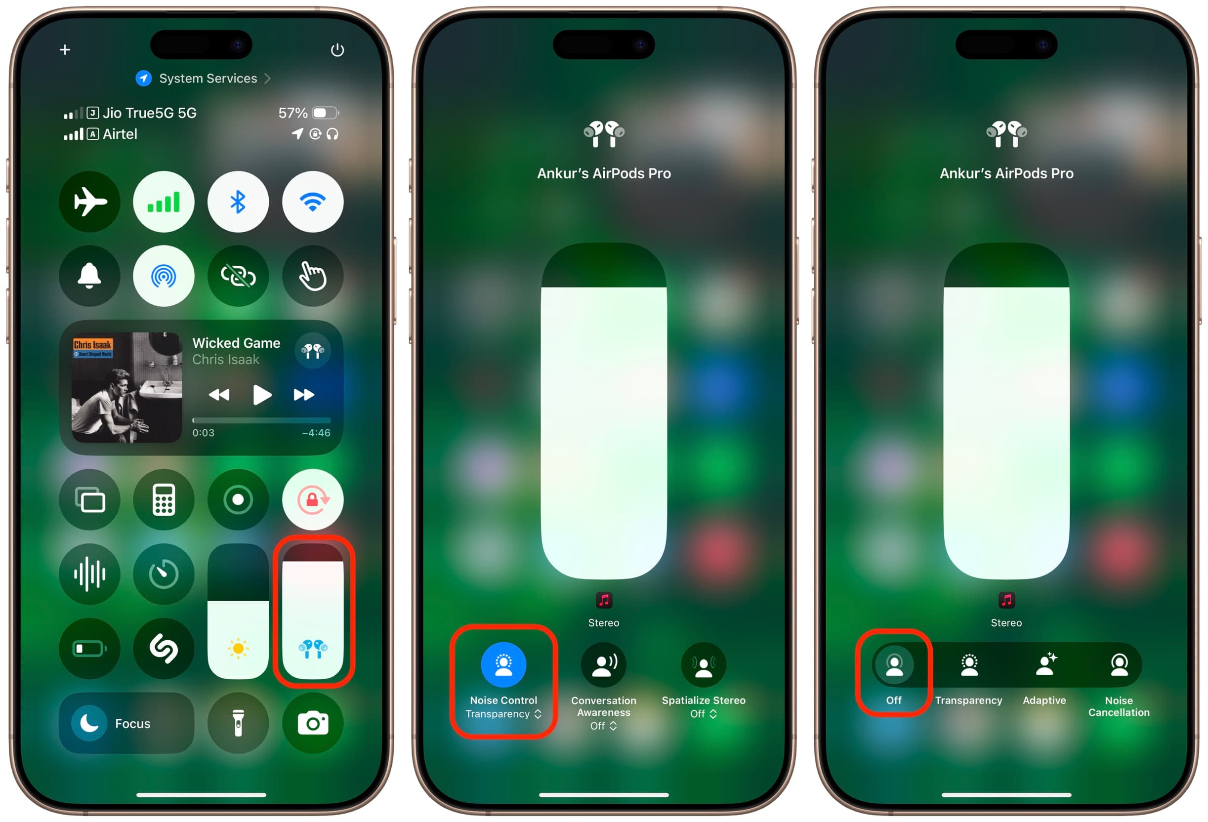 Turn off Transparency mode for AirPods from iPhone Control Center