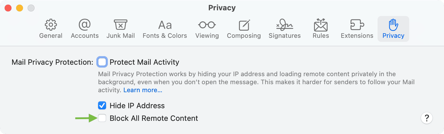 Uncheck Block All Remote Content in Mail app settings