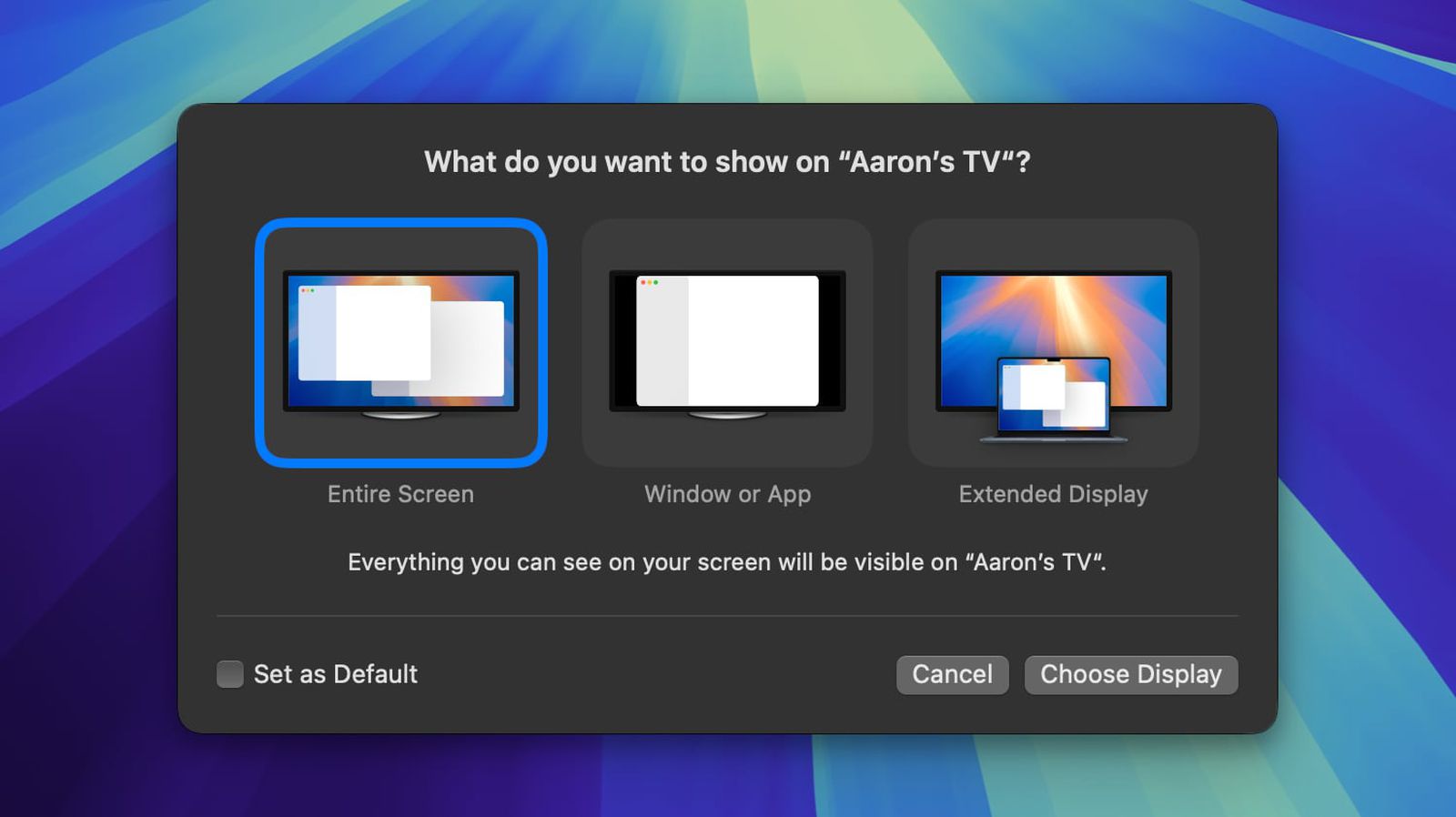 An AirPlay options window in macOS Sequoia 15.2 with three options: Entire Screen, Window or App, and Extended Display.