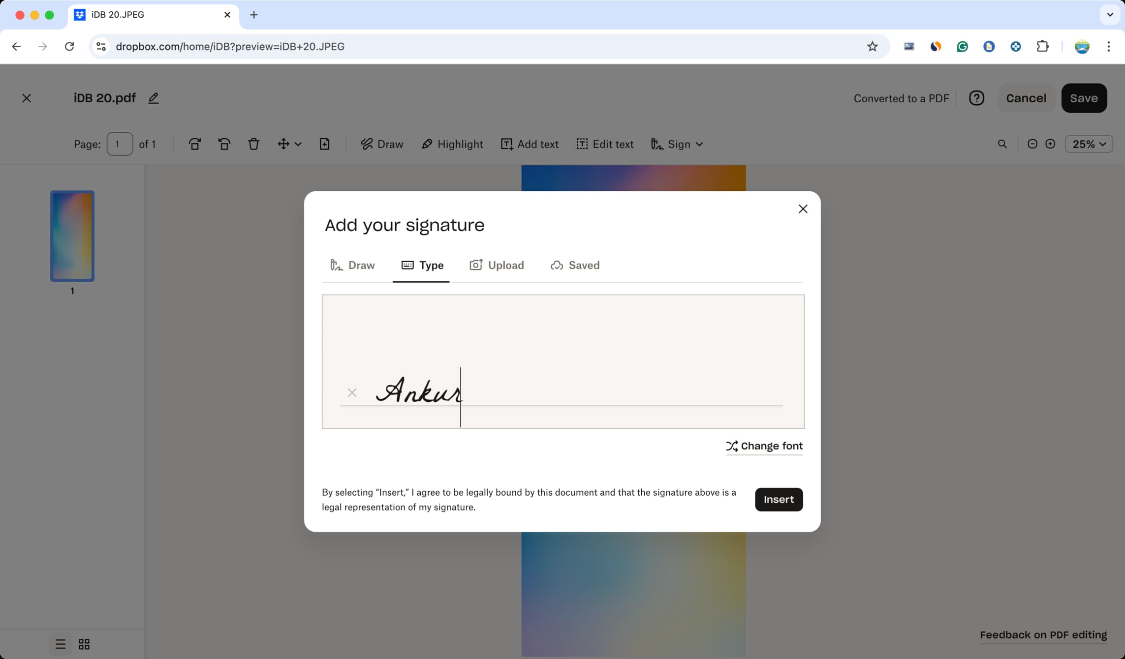 Add your signature over a photo using Dropbox