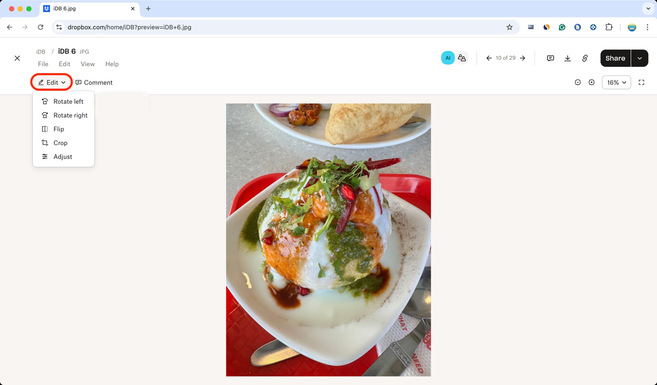 Click Edit for a image in Dropbox and choose Adjust