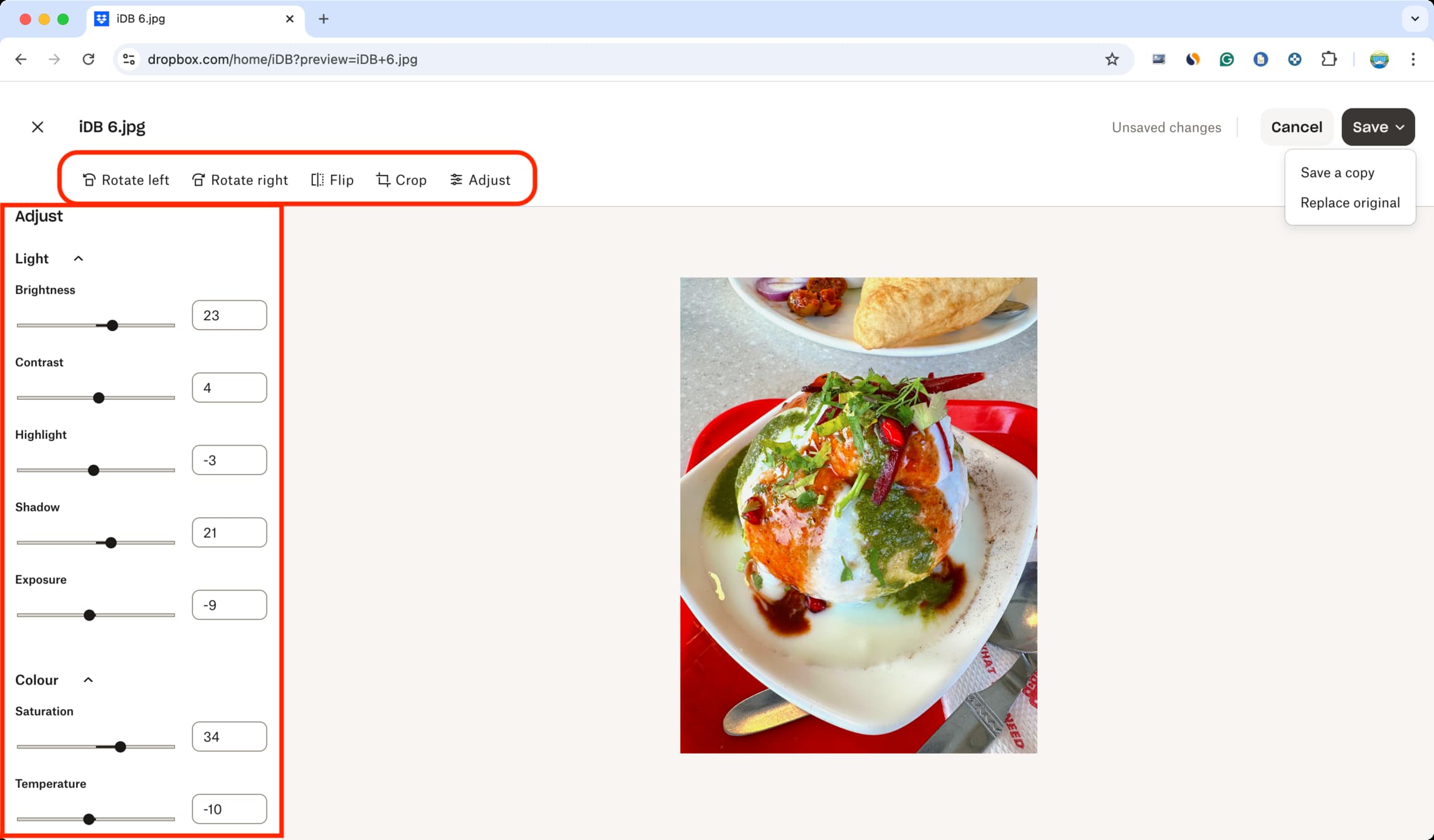 Editing a picture of a food plate using Dropbox