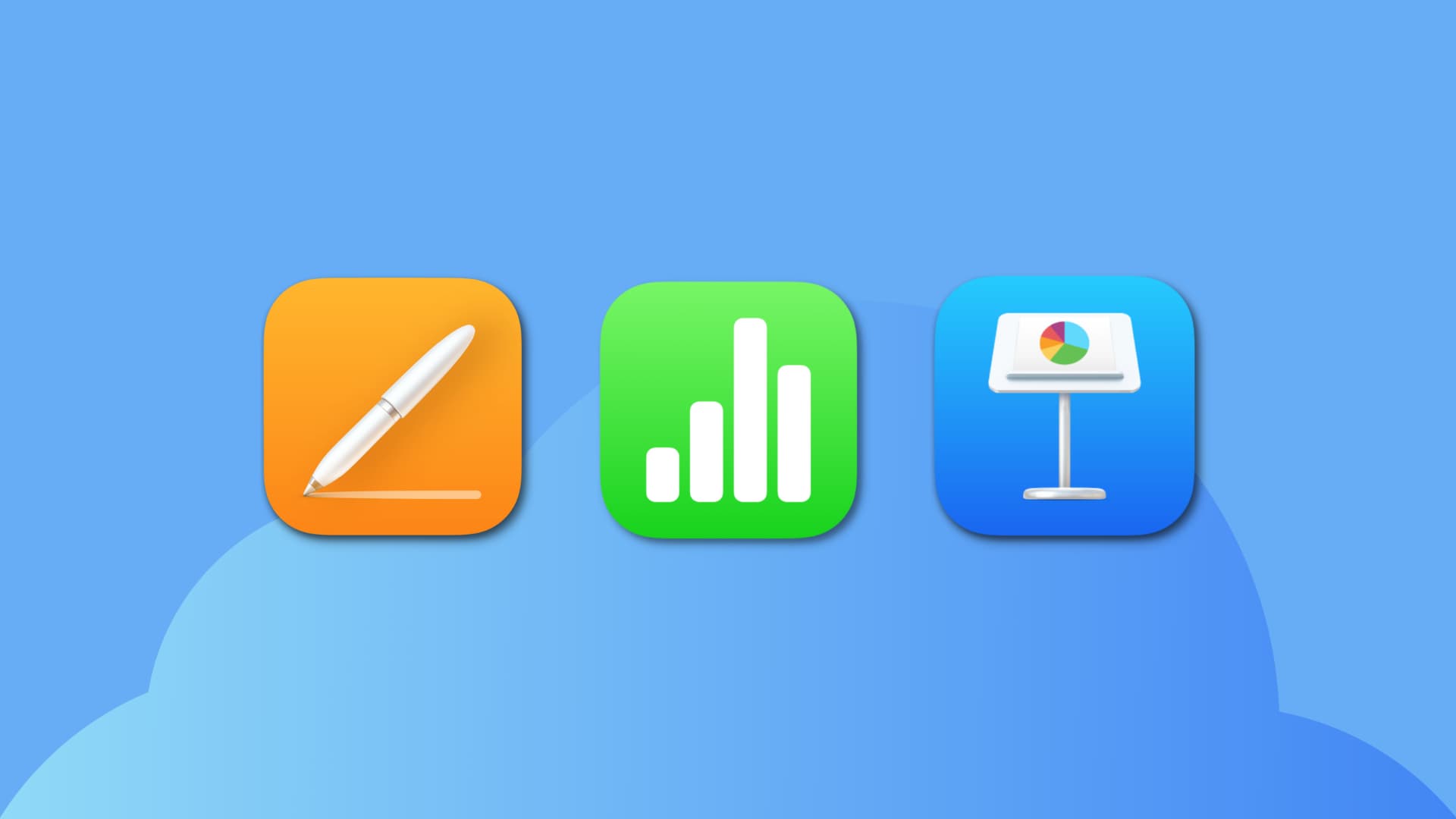 Pages, Numbers, and Keynote app icons