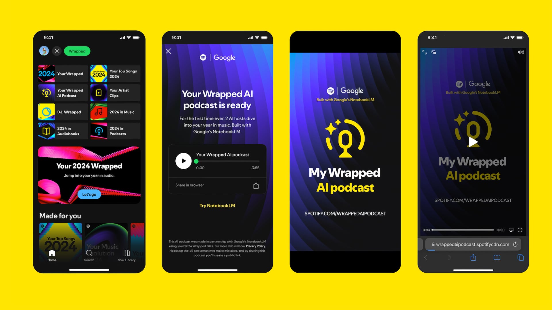 Mobile screenshots showcasing the Spotify Wrapped 2024 stats with an AI-powered podcast discussing the user's listening habits.