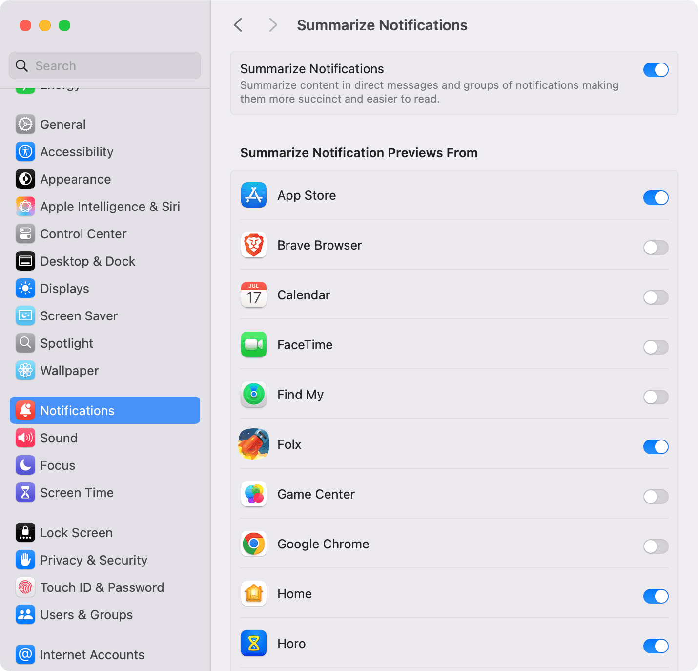 Summarize Notifications settings on Mac