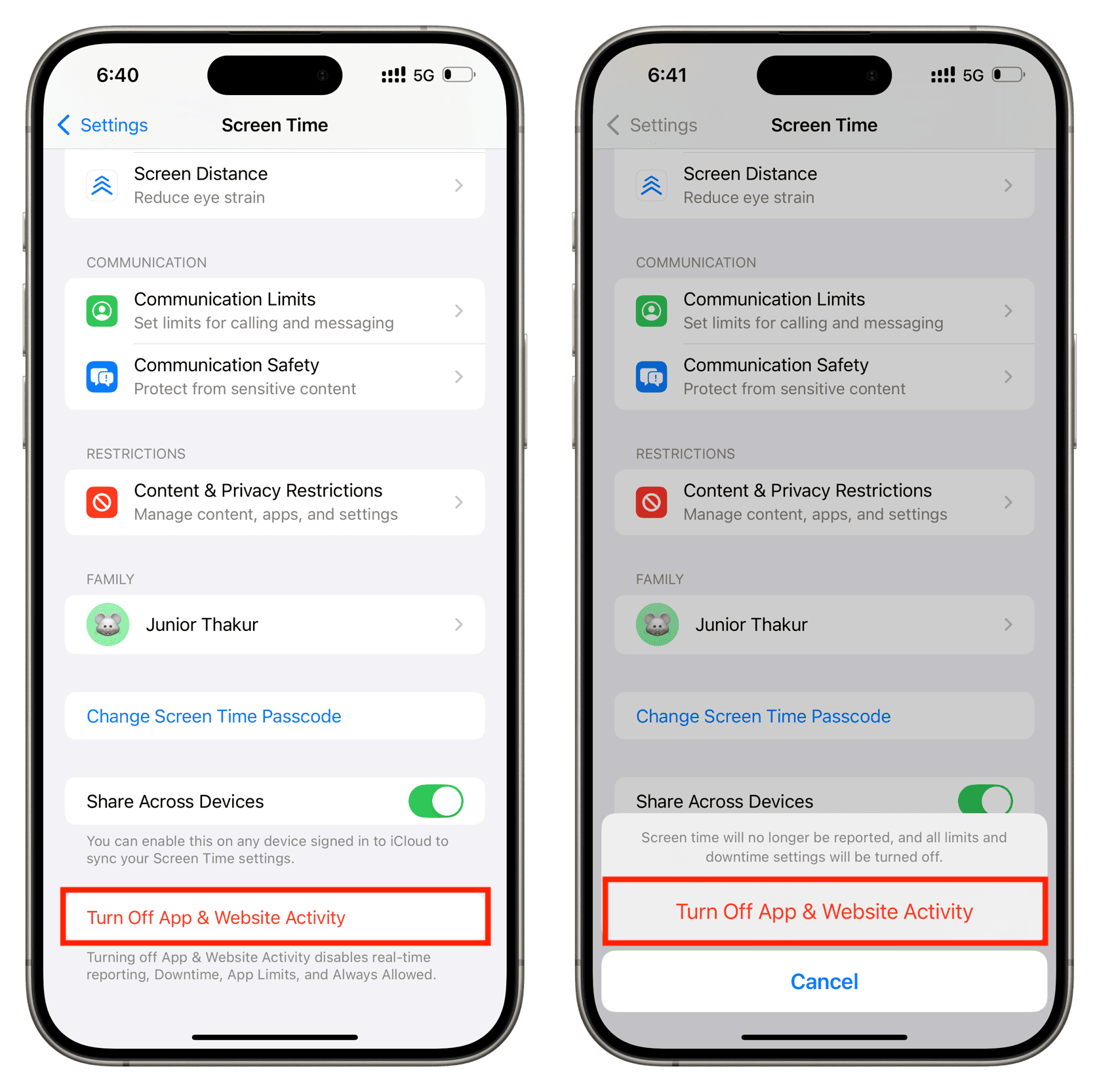 Turn Off App and Website Activity in iPhone Screen Time settings