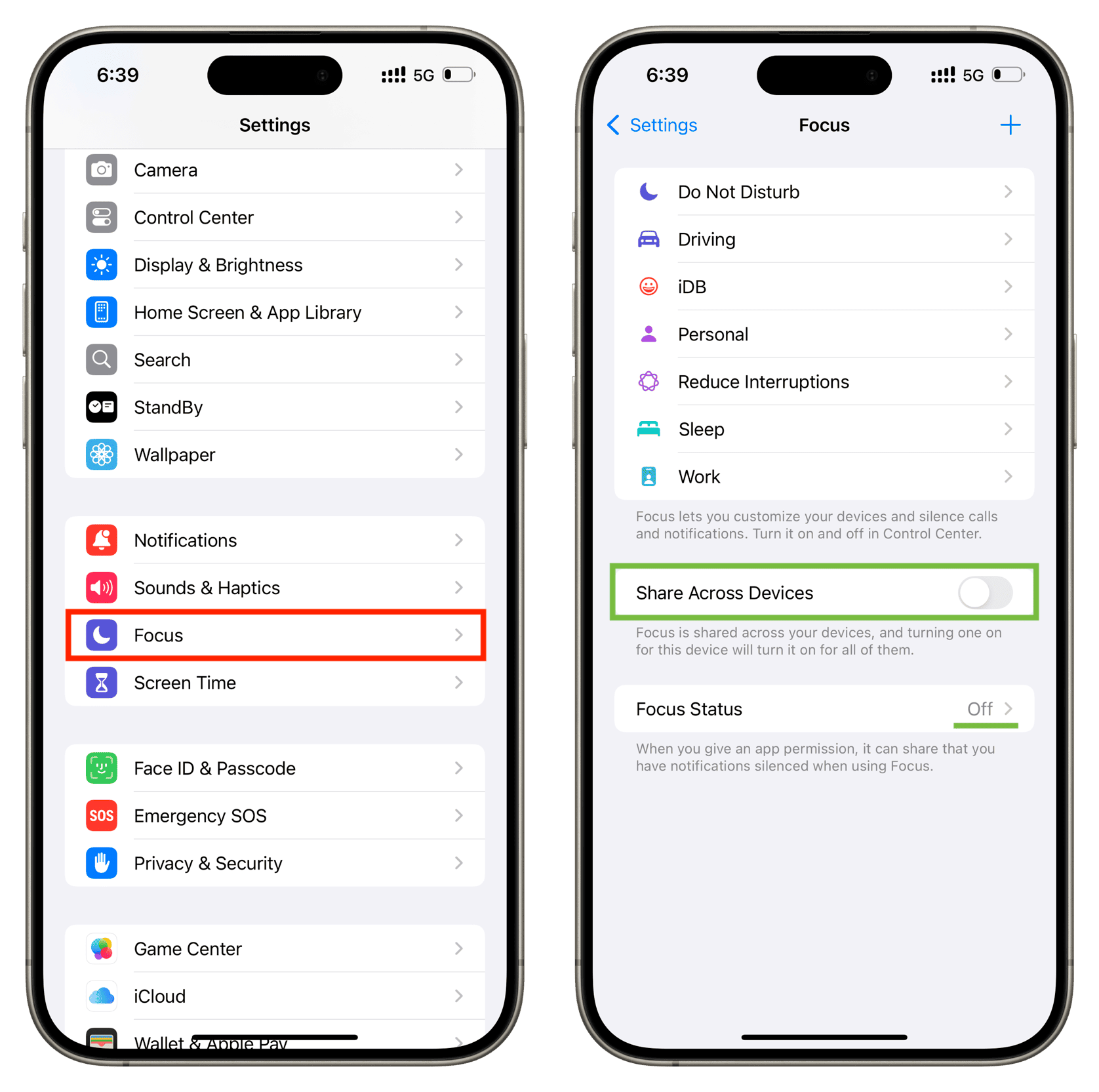 Turn off Share Across Devices in Focus Settings on iPhone