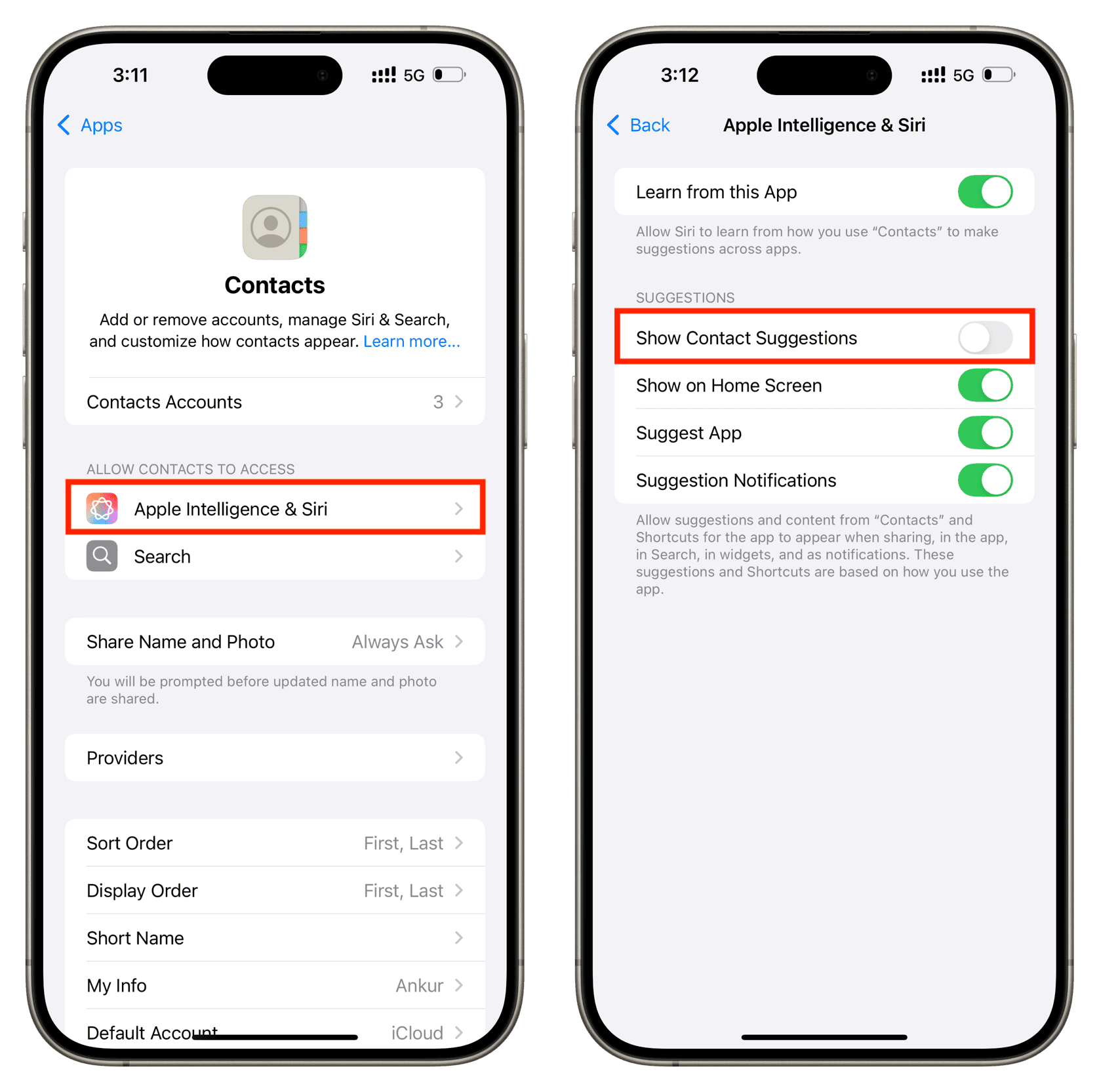 Turn off Show Contact Suggestions for iPhone contacts