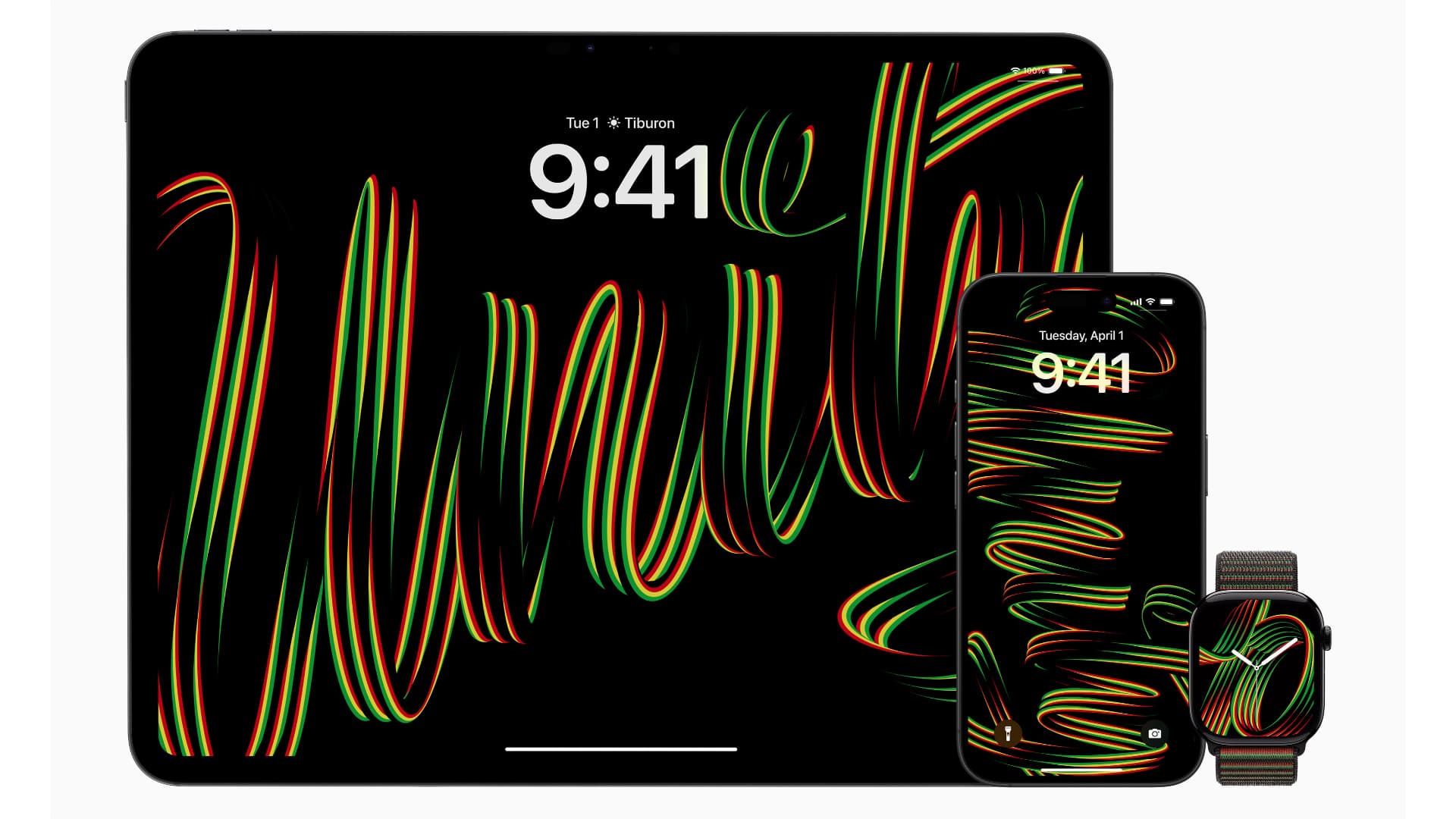 iPhone, iPad and Apple Watch showcasing the 2025 Black Unity wallpapers and watch face.