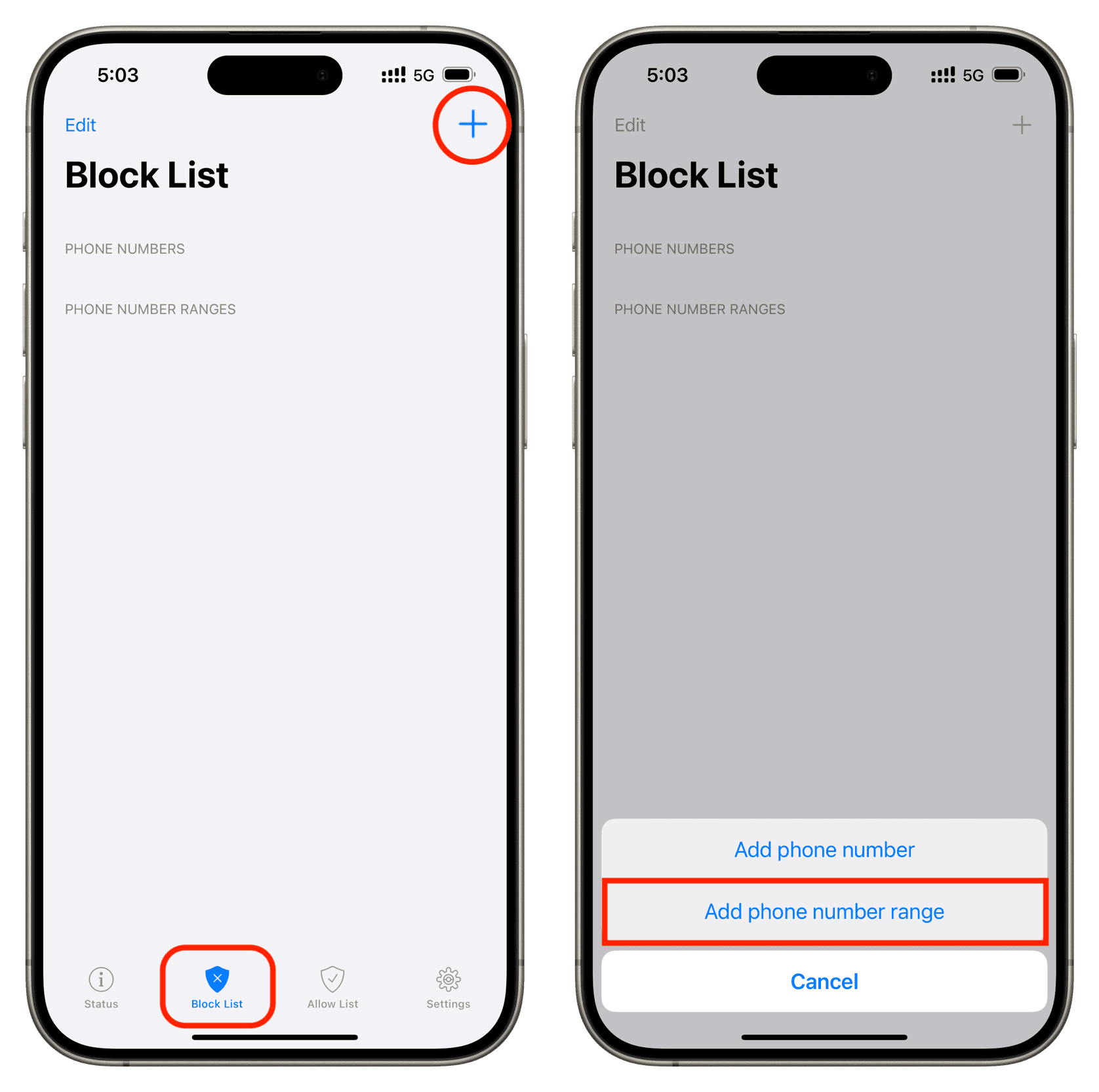 Add phone number range to blocklist on iPhone