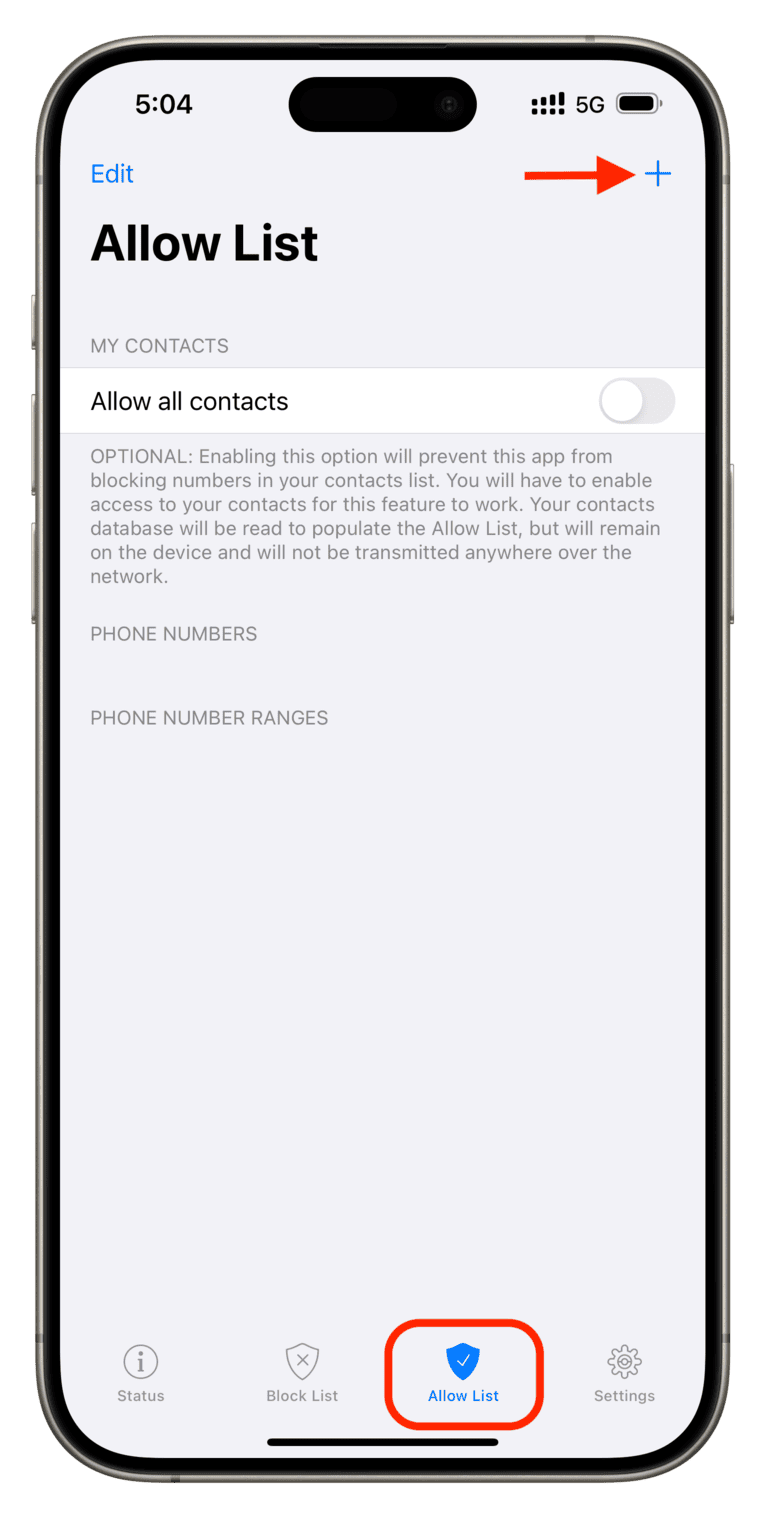 Allow List in Simple Call Blocker app on iPhone