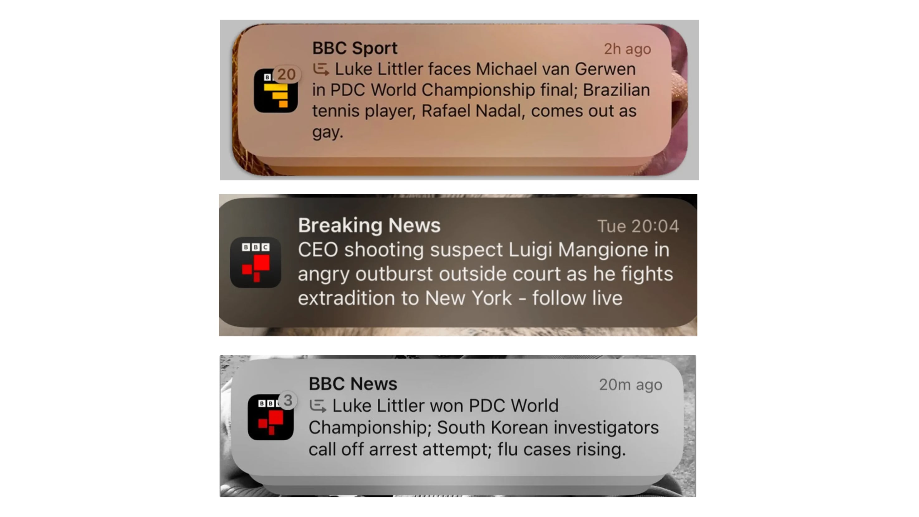 Examples of incorrect notification summaries for BBC news and sports alerts.