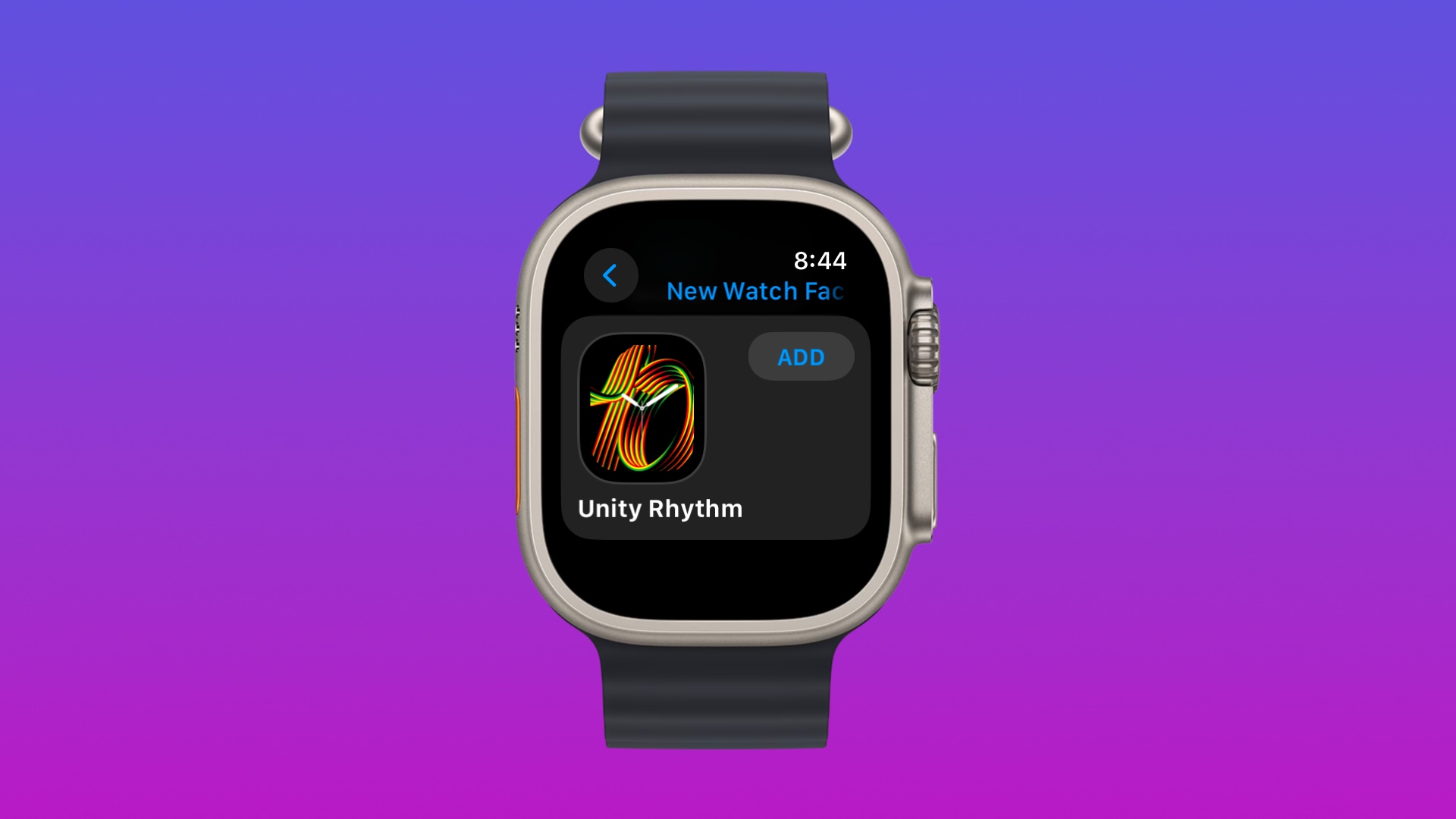 Apple Watch Ultra showcasing the Unity Rhythm watch face.