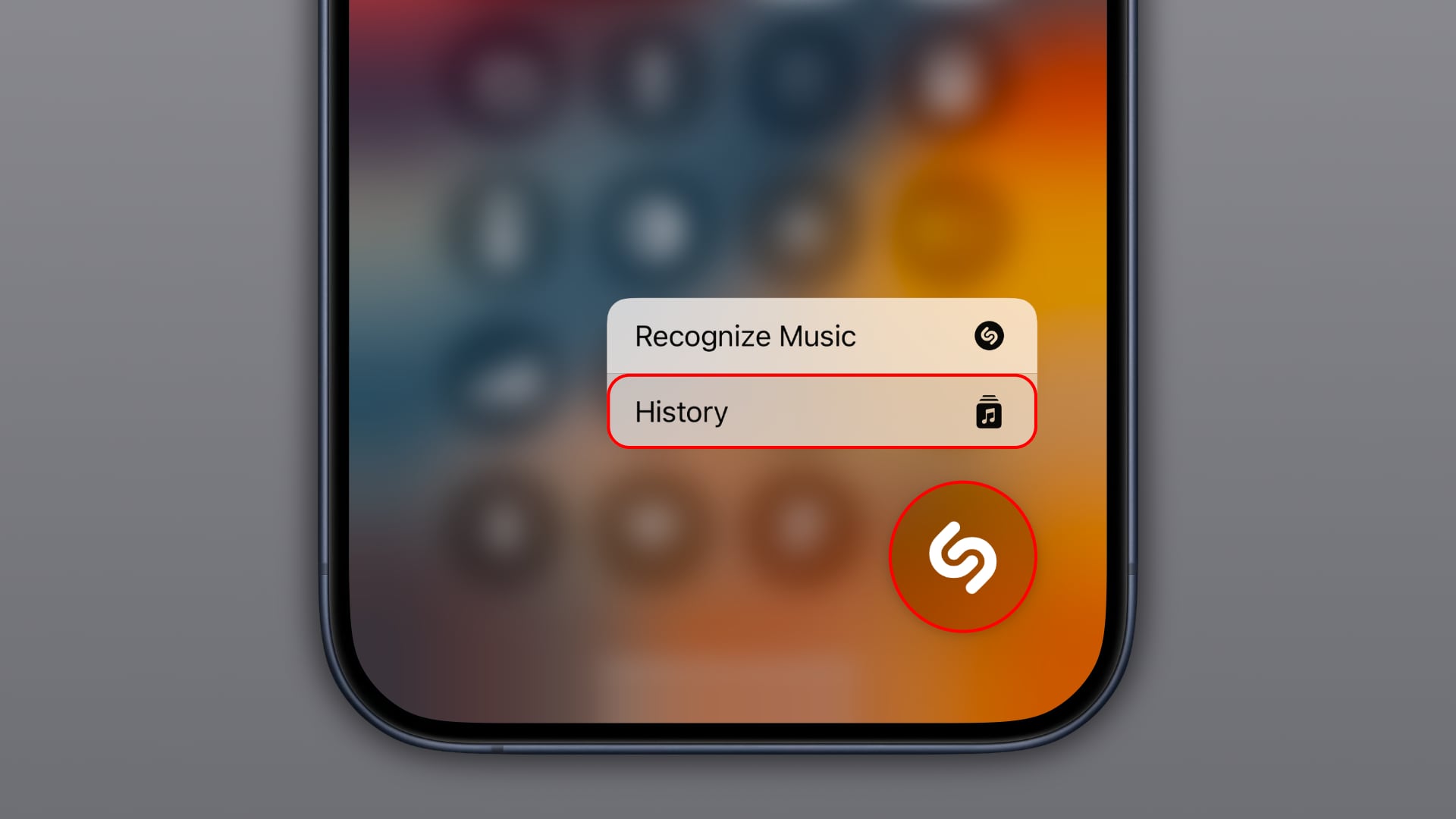 iPhone displaying the Control Center, with the History option annotated in the Music Recognition menu next to the Shazam icon.