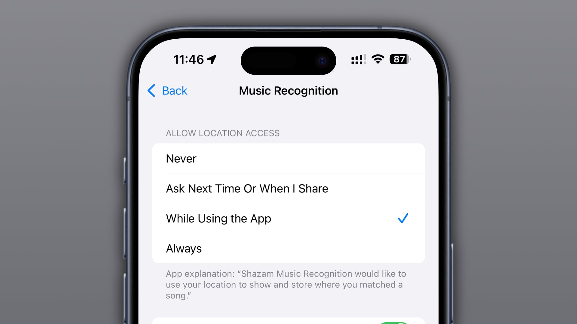 iPhone screenshot showing the location settings for the Music Recognition feature .