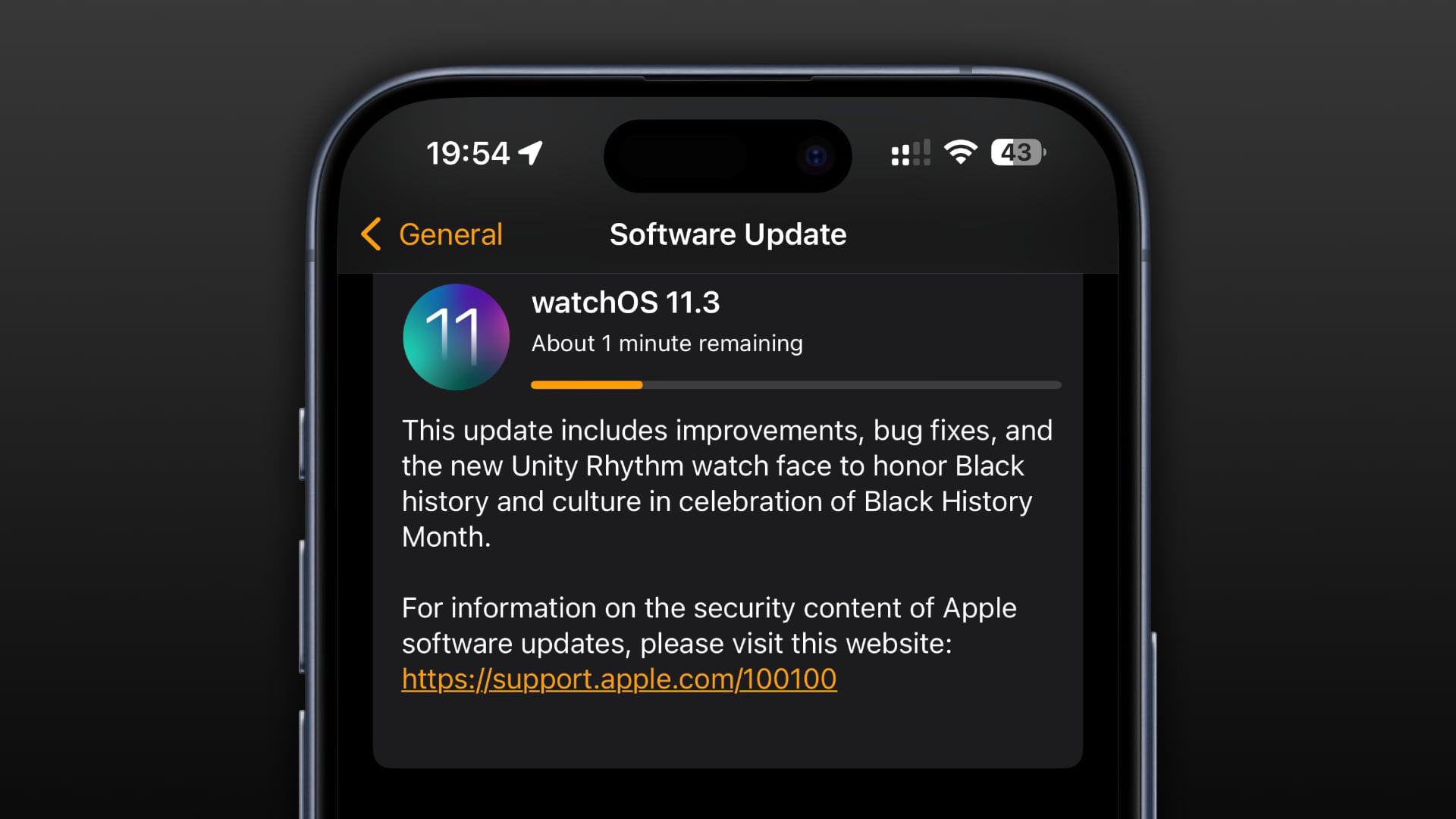 iPhone displaying the Watch app, which is downloading the watchOS 11.3 update.