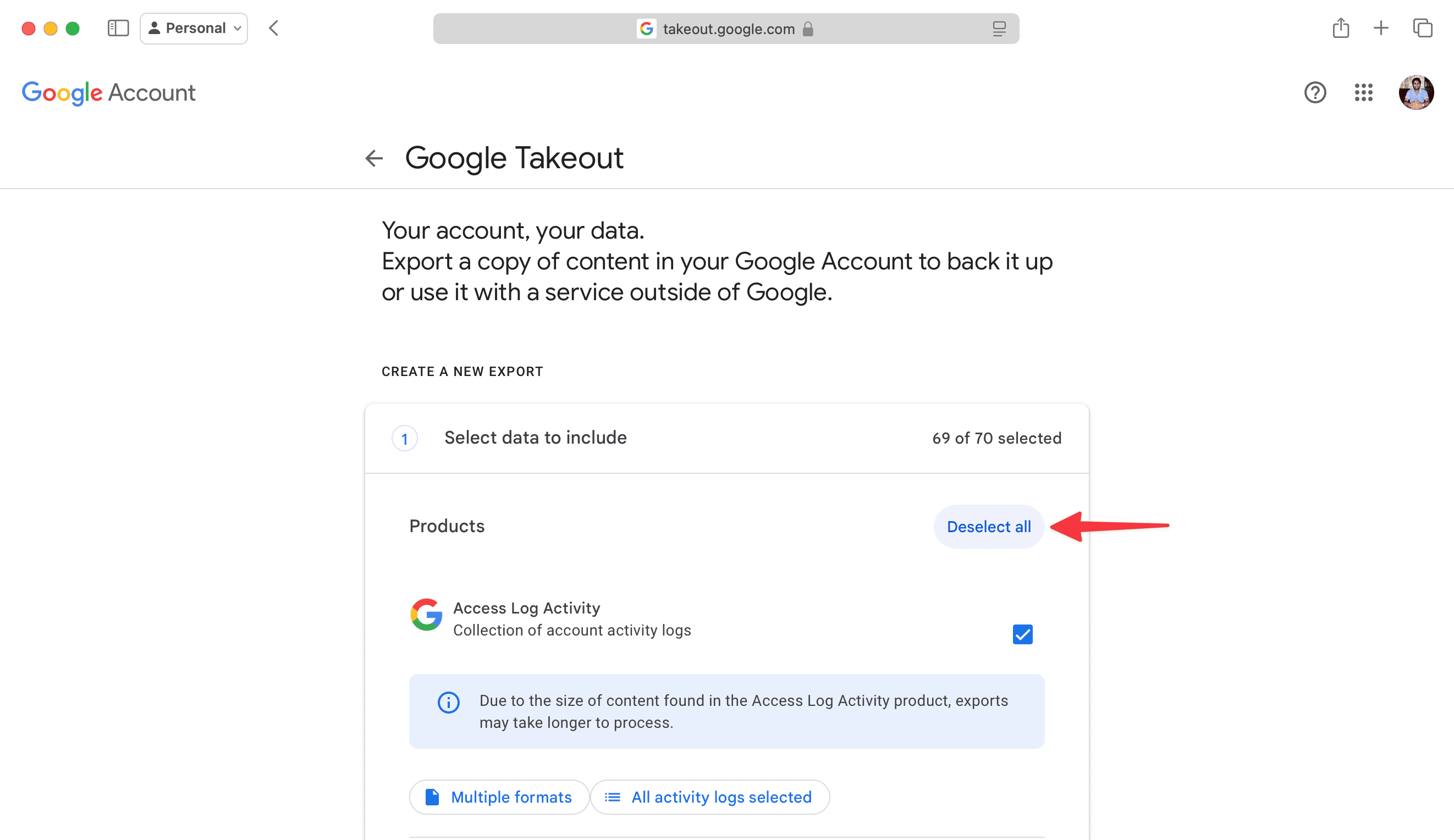 Click Deselect All on Google Takeout screen