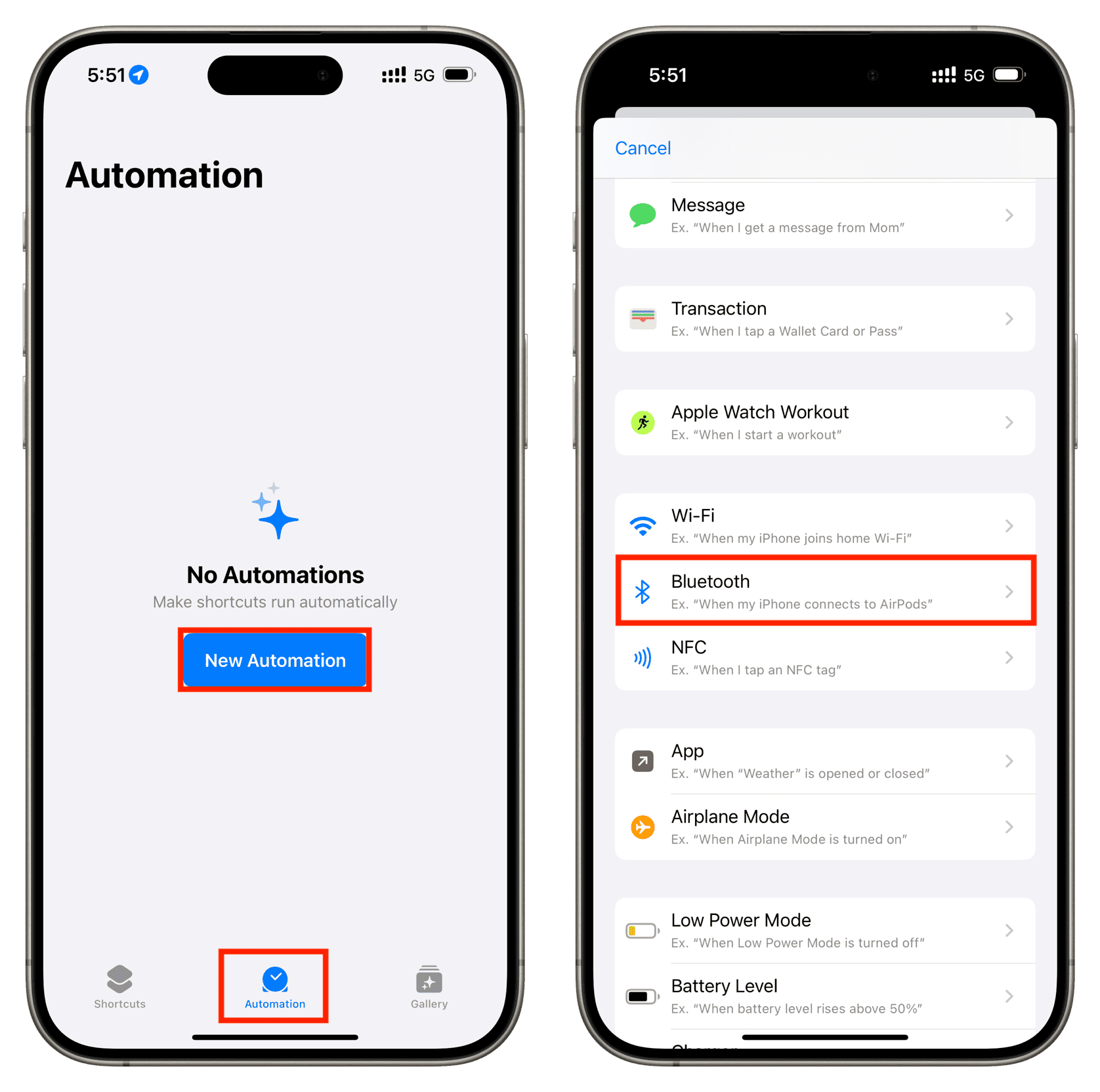 Create new automation on iPhone and select Bluetooth