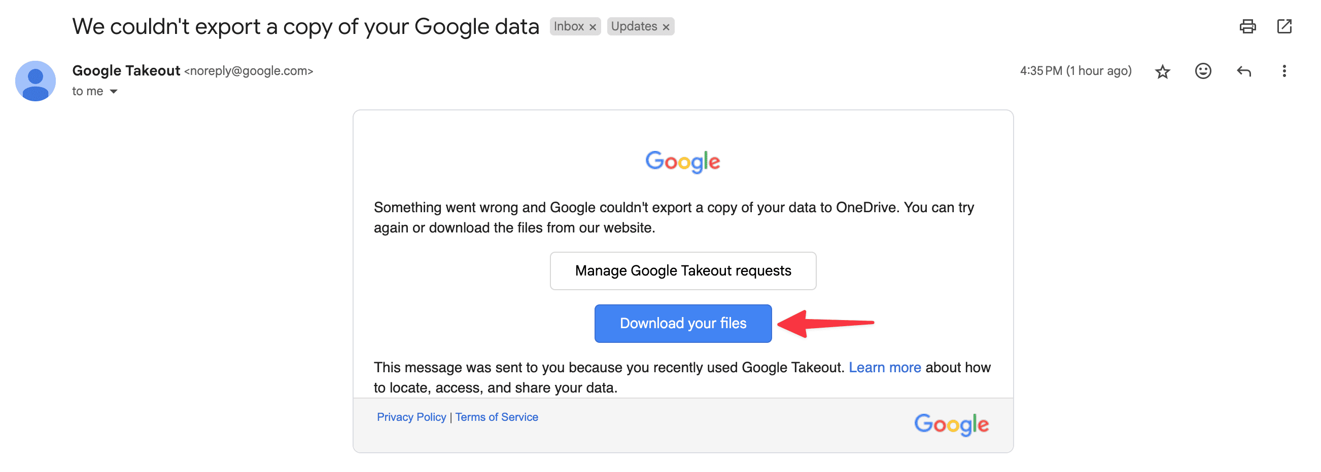 Download your files from Google Takeout email