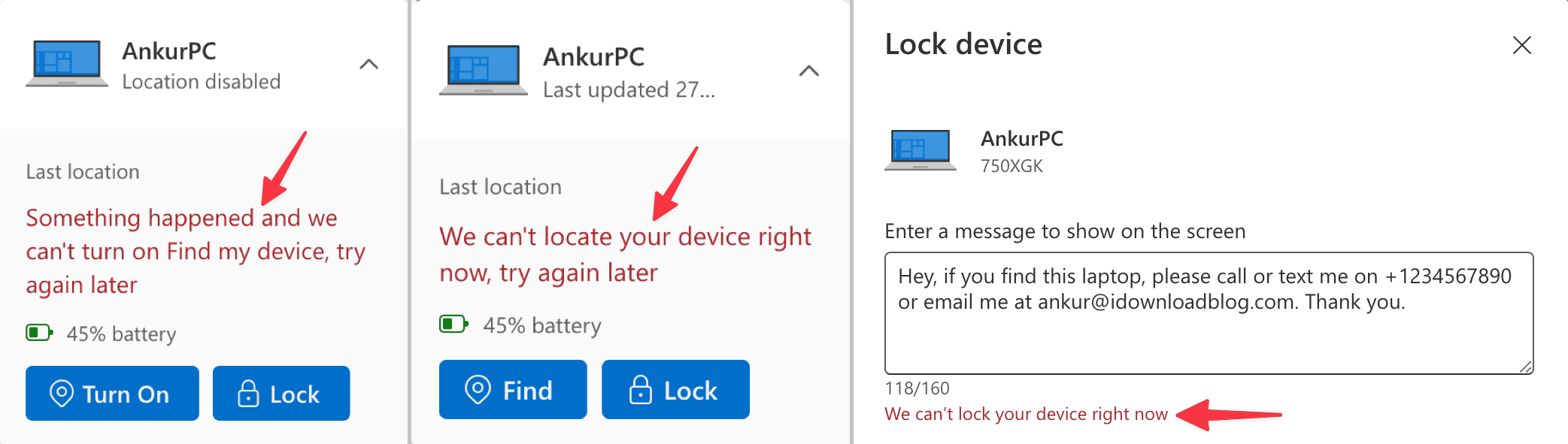 Errors when using Find my device to locate Windows PC