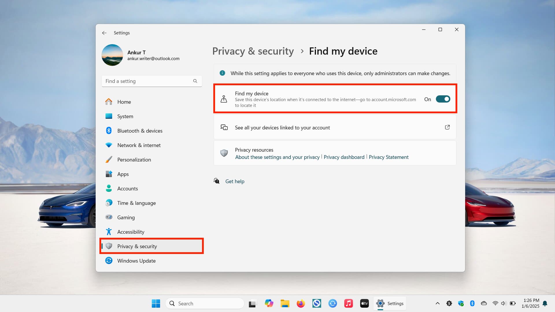 Find my device enabled on Windows PC