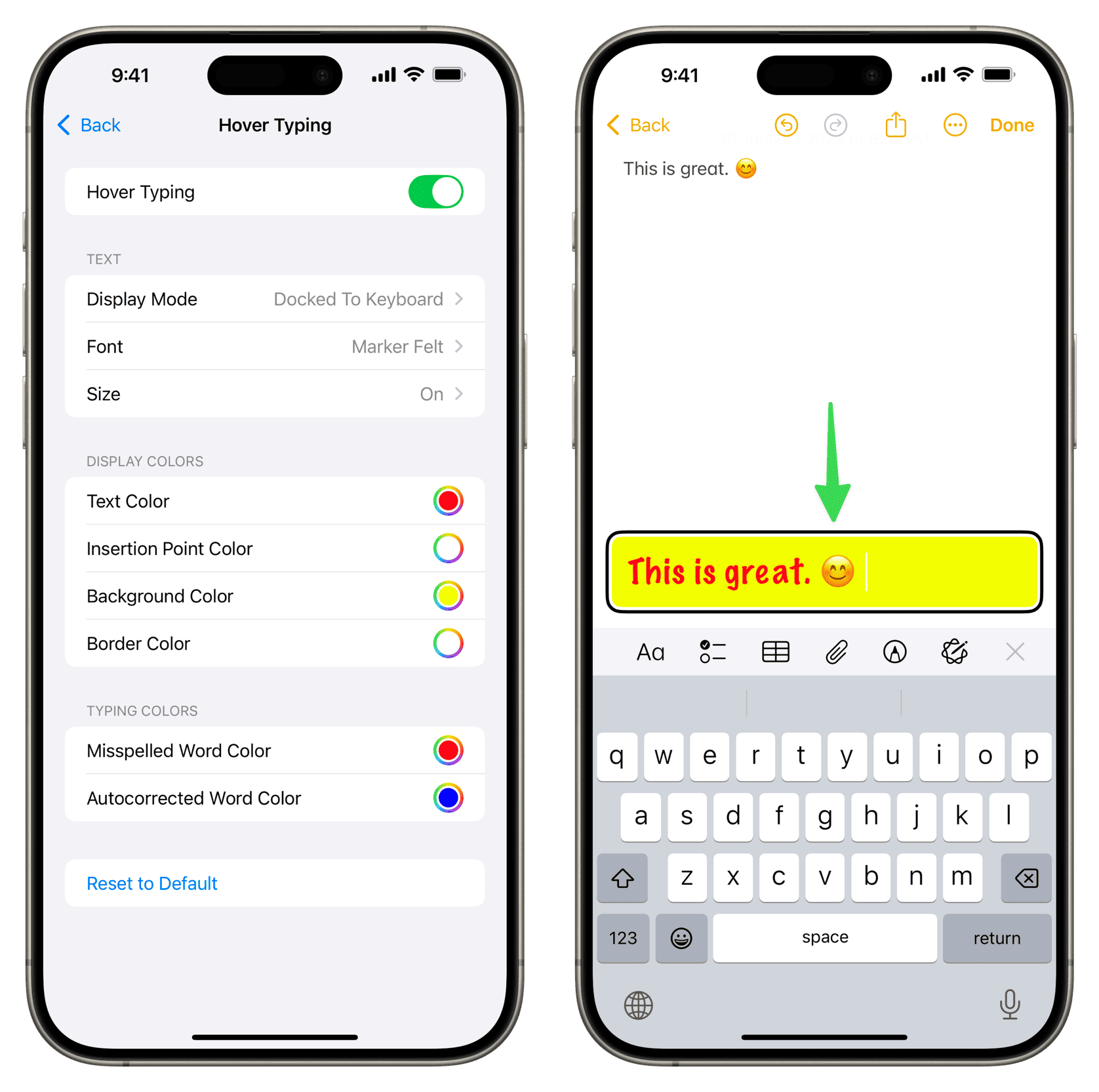 Hover Typing customized on iPhone with a different appearance