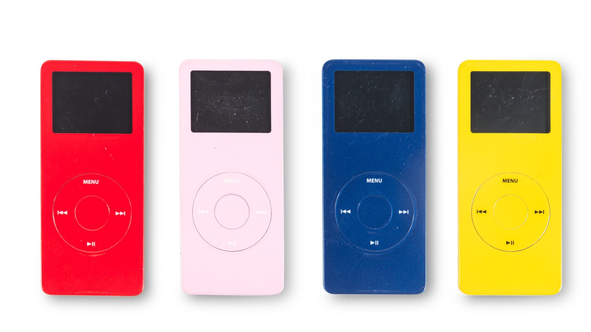 Four iPad nano music players in different colors.